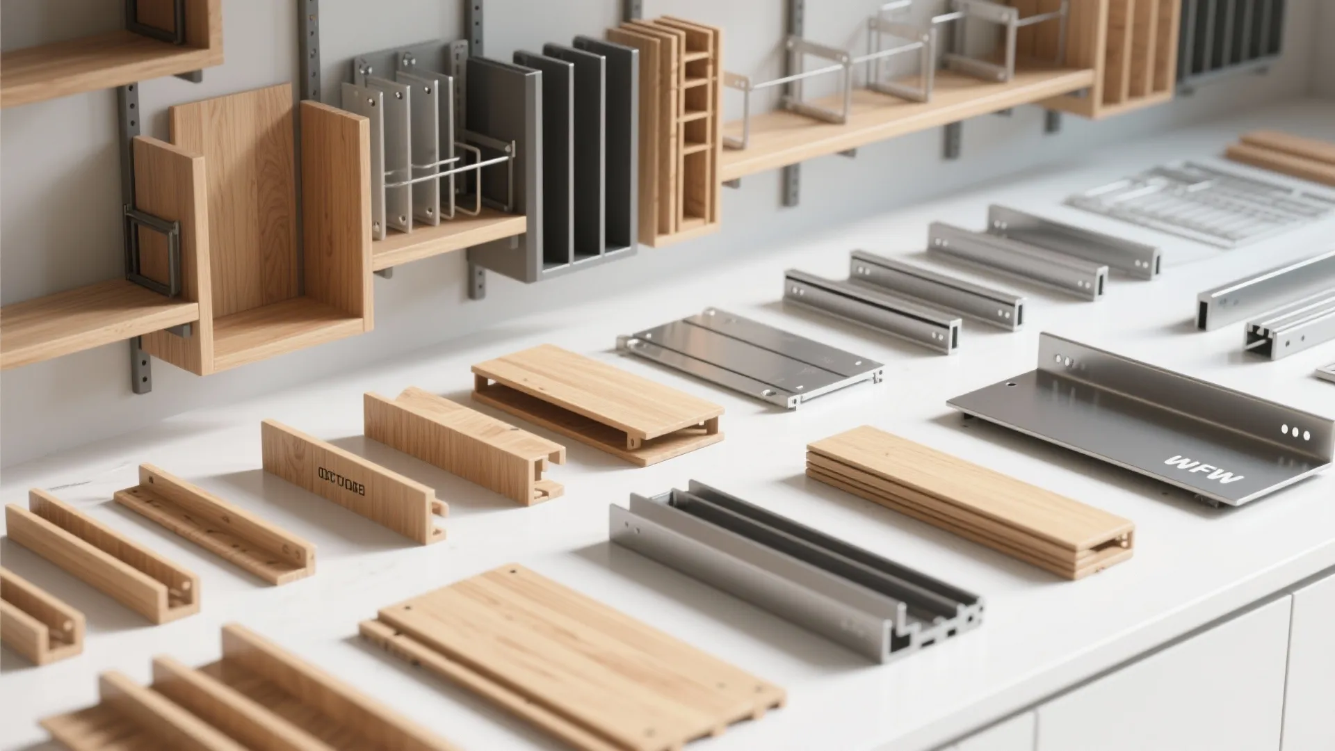 Flat lay of modular kitchen shelf components in wood and metal