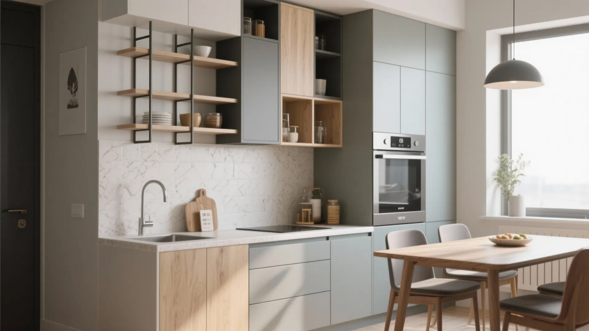 Modular wall shelves in a flexible kitchen layout