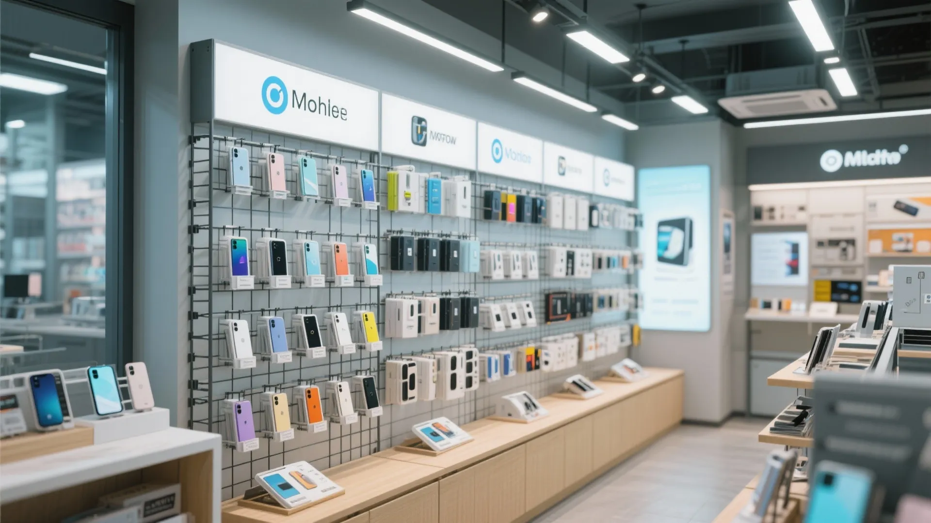 Modular grid shelves in a compact mobile phone retail store
