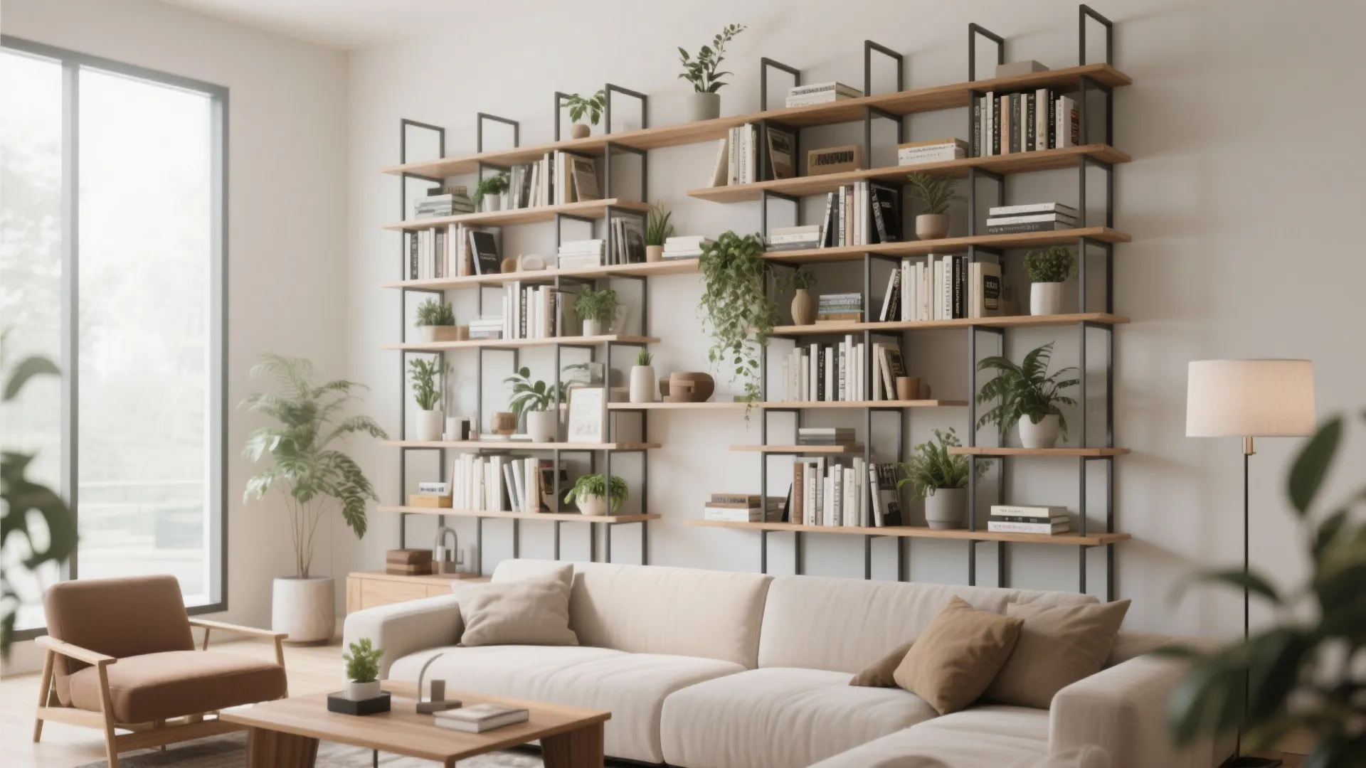 Large wall shelf with books and plants behind white sofa in a bright modern living room