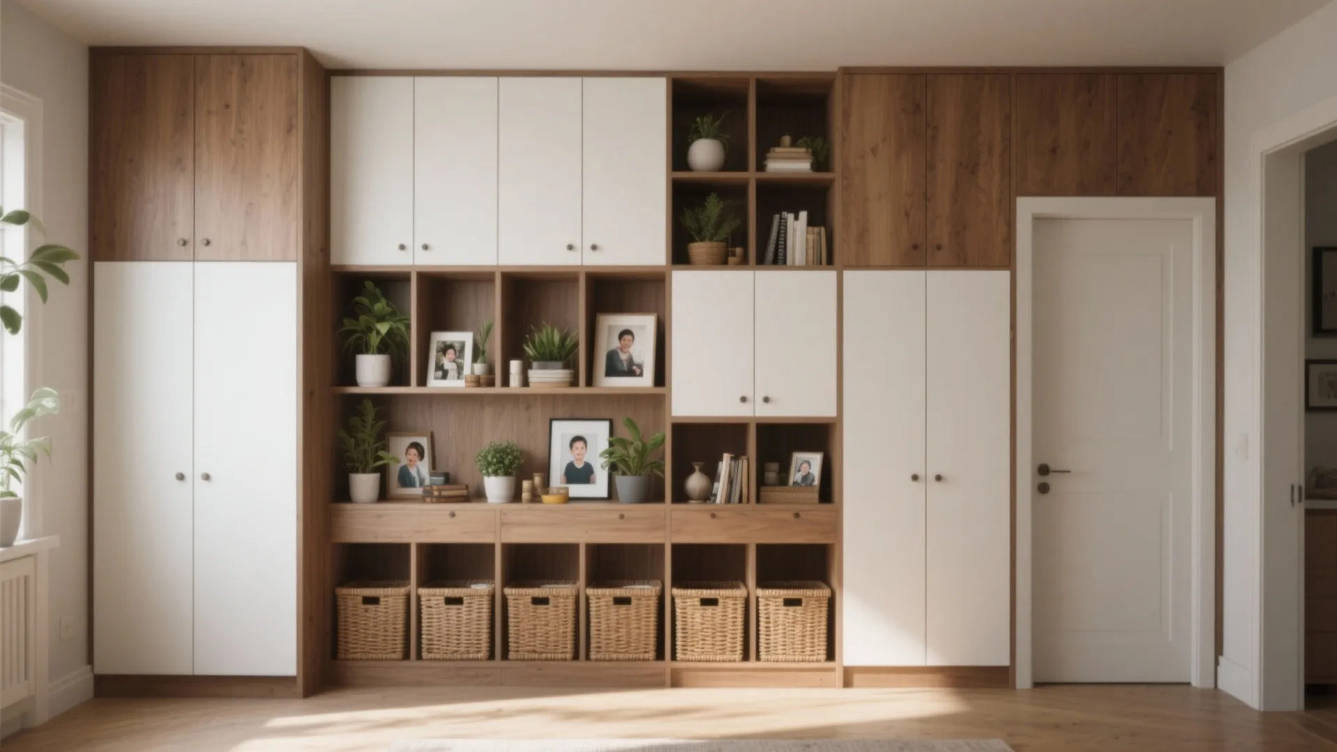Modern wood and white cabinet wall with open shelves for storage and plants next door