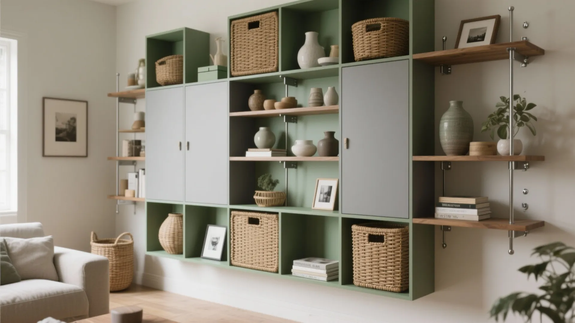 Green modular wall cabinet with wooden shelves and storage baskets for modern living room decor
