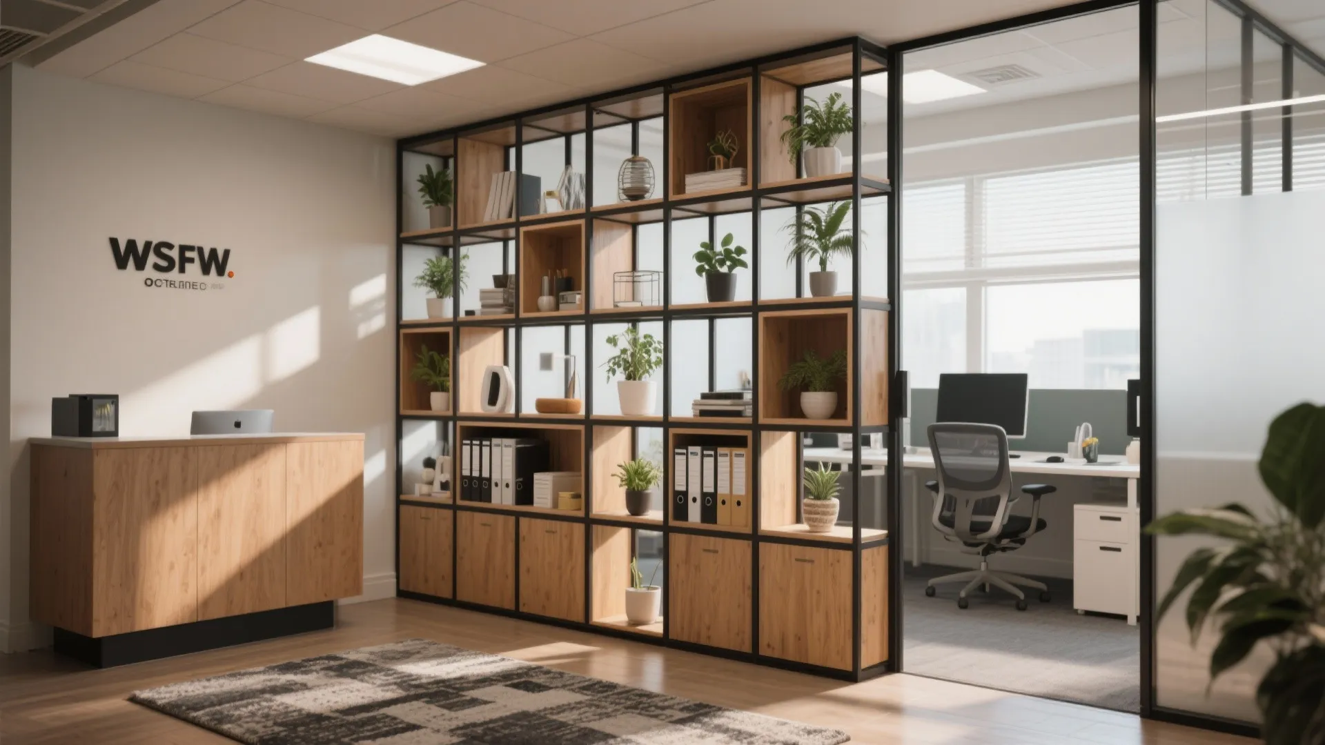 Modern office reception area featuring wooden modular shelving unit with green plants folders and glass