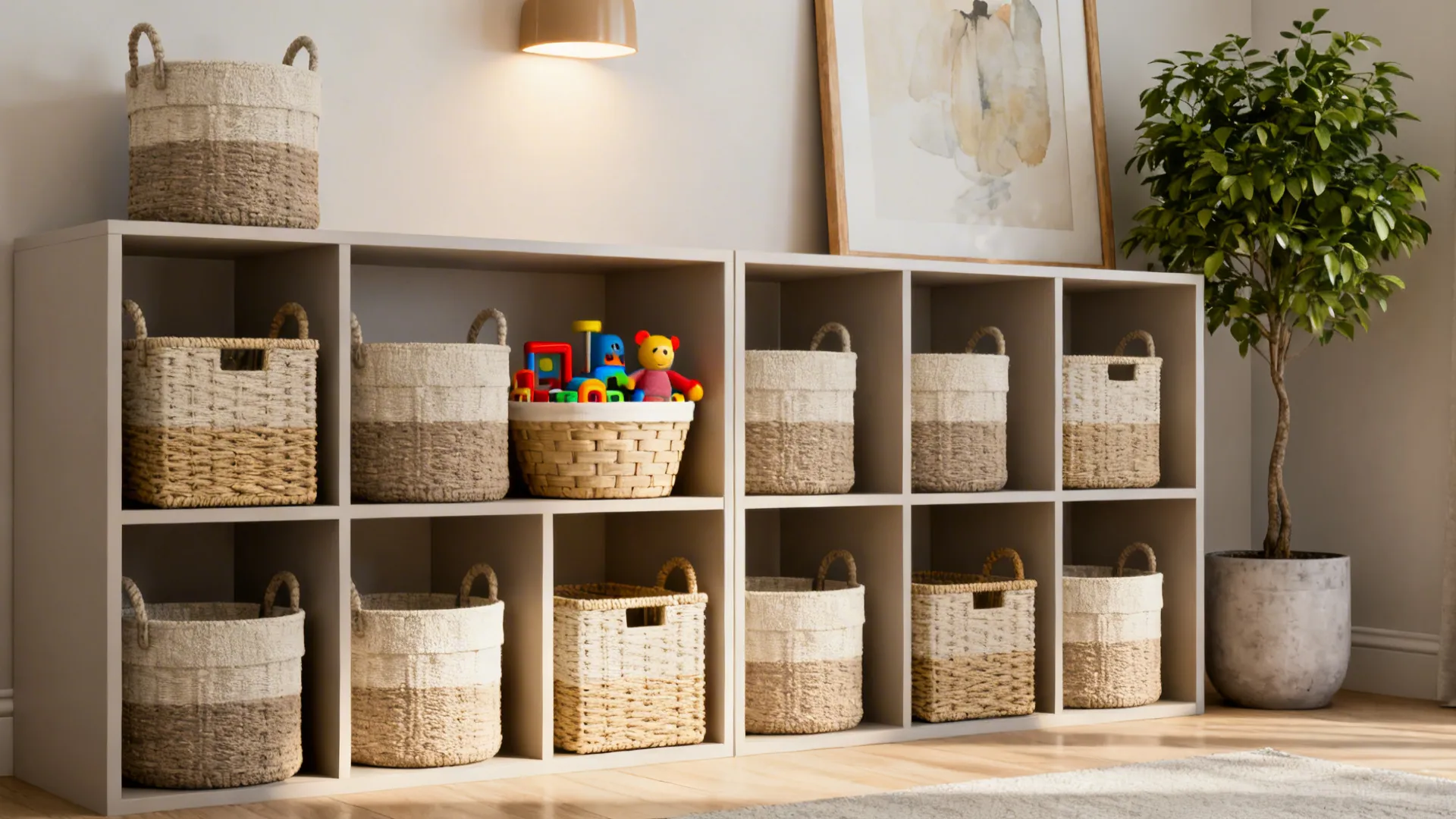 Open shelving with matching neutral baskets and one accent basket holding toys