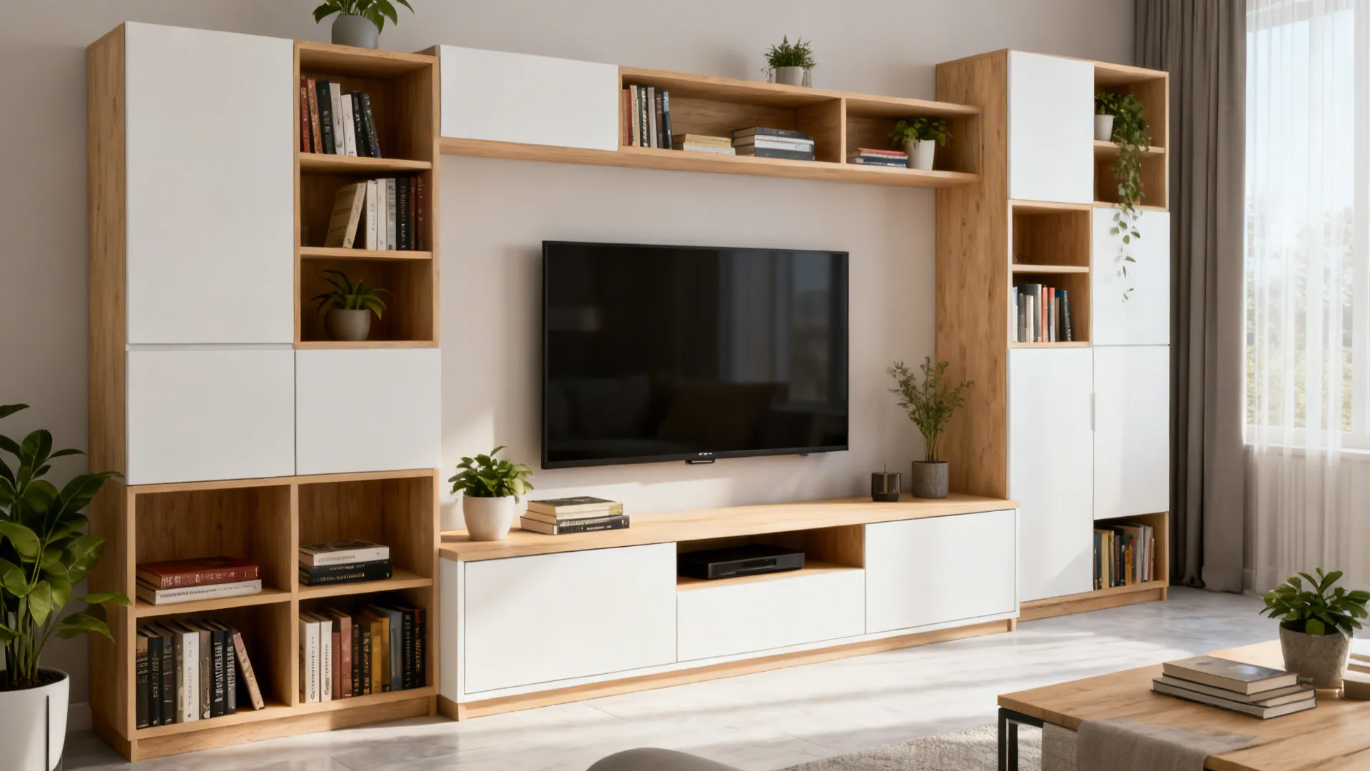 Modular shelving and TV stand combo with light oak and matte white finishes in a living room