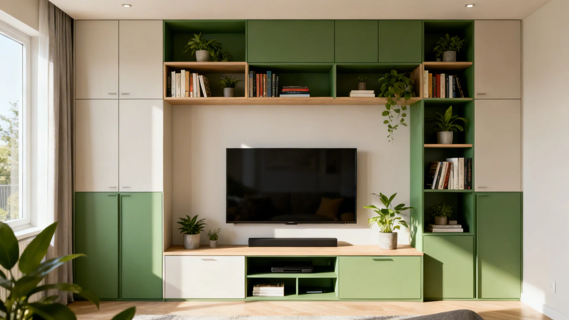 Modern green and white wall cabinet with television books green plants and bright natural window light