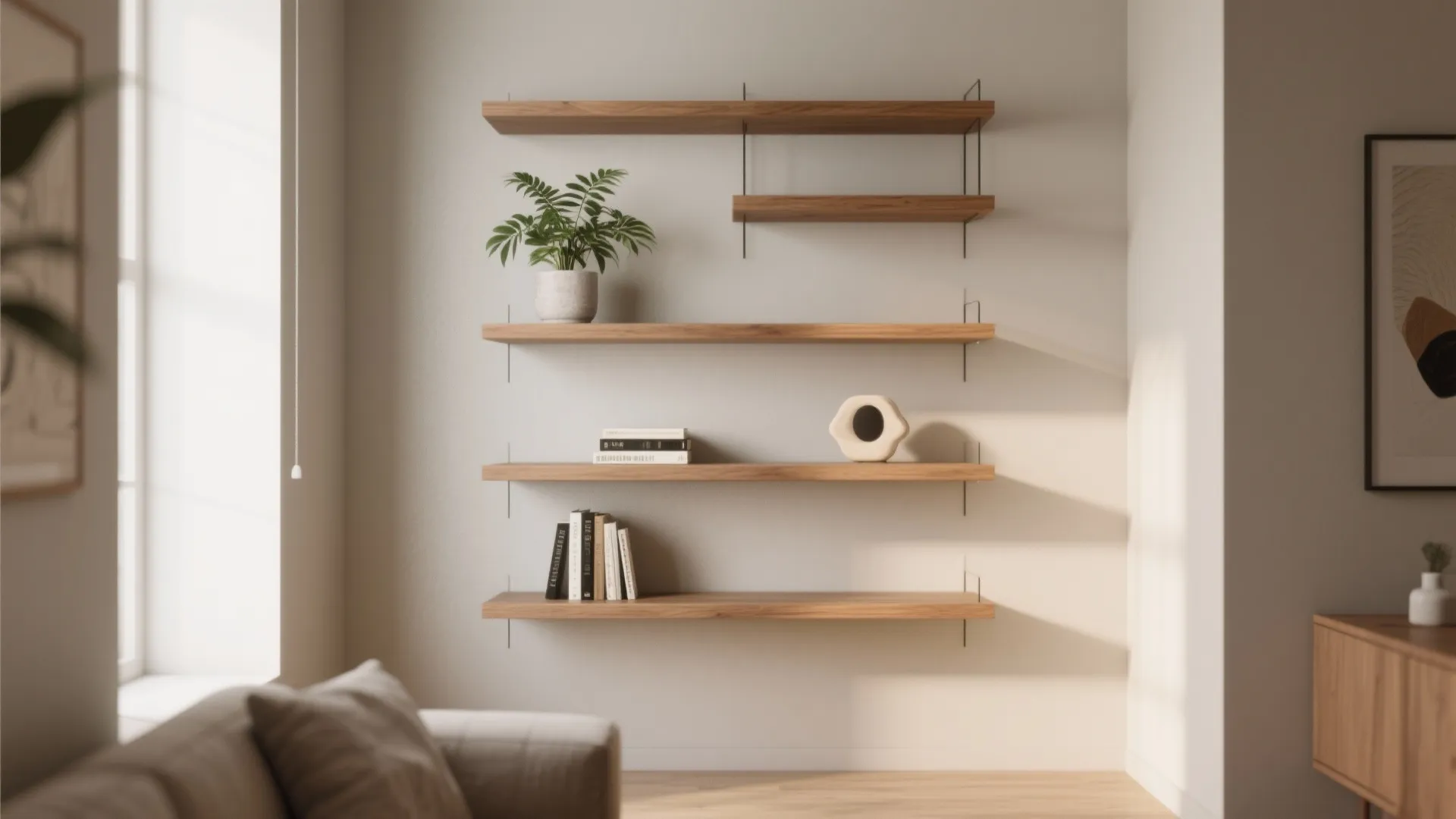 Minimalist wooden wall shelves with books and a green plant in a bright sunlit room
