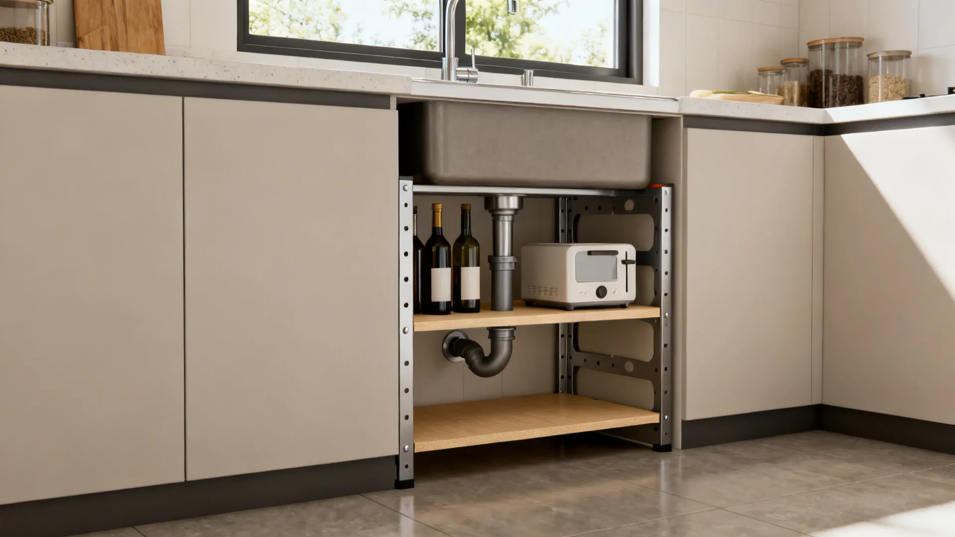 Modular shelves trimmed with cutouts to fit around plumbing, holding bottles and small items.