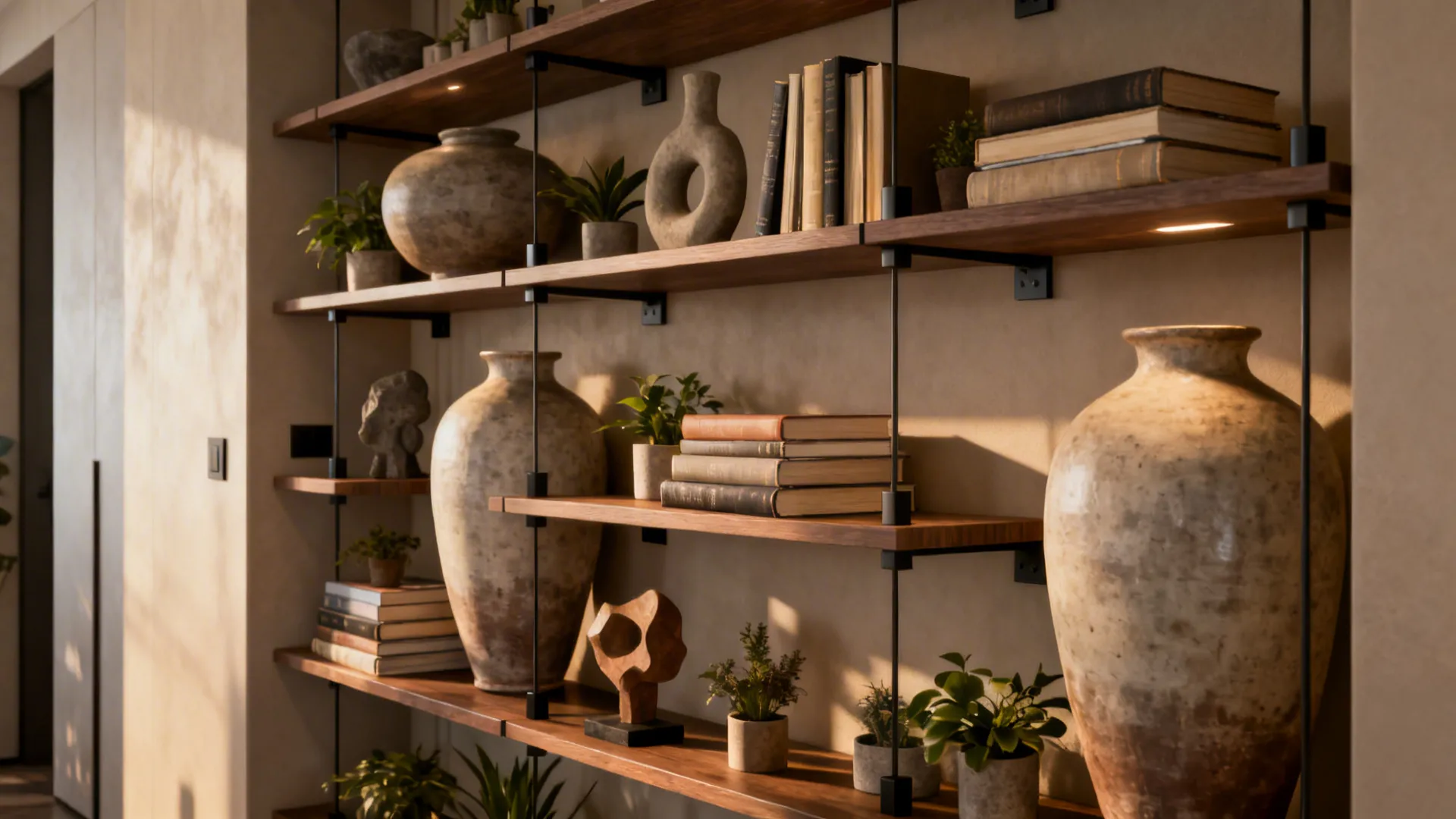 Modular shelving on a narrow wall with oversized vases, books and plants for storage and display