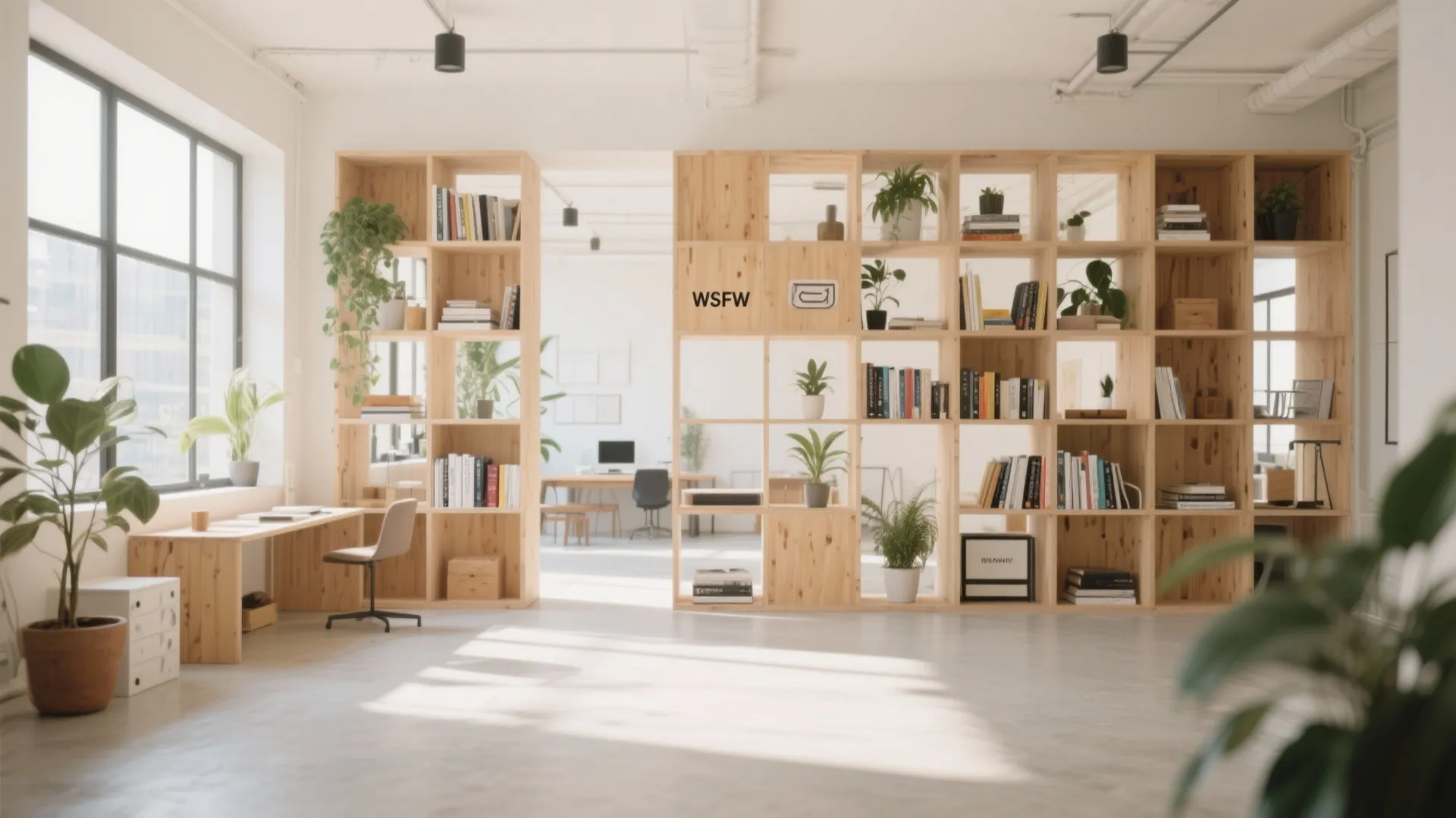 Modular shelving units serving as room dividers in an open-plan studio