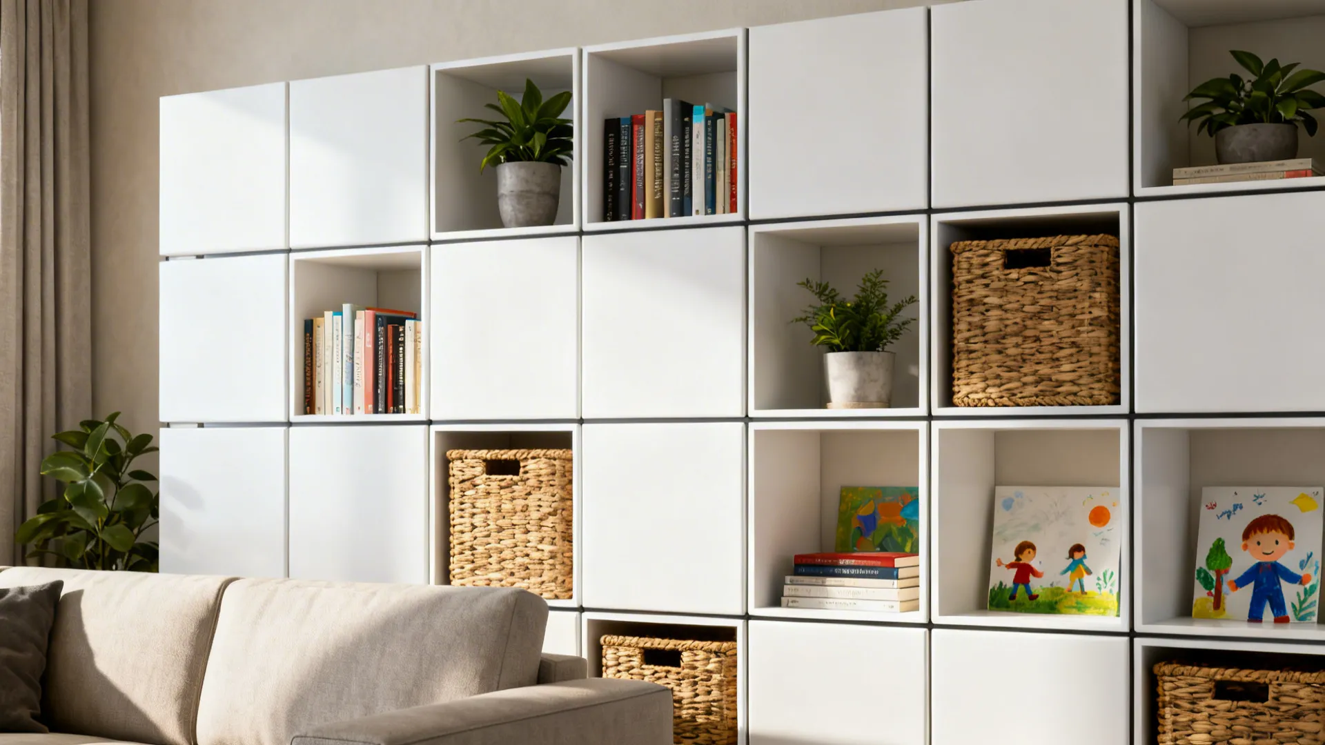 Modular white shelving grid styled with books, plants, and baskets for flexible storage.