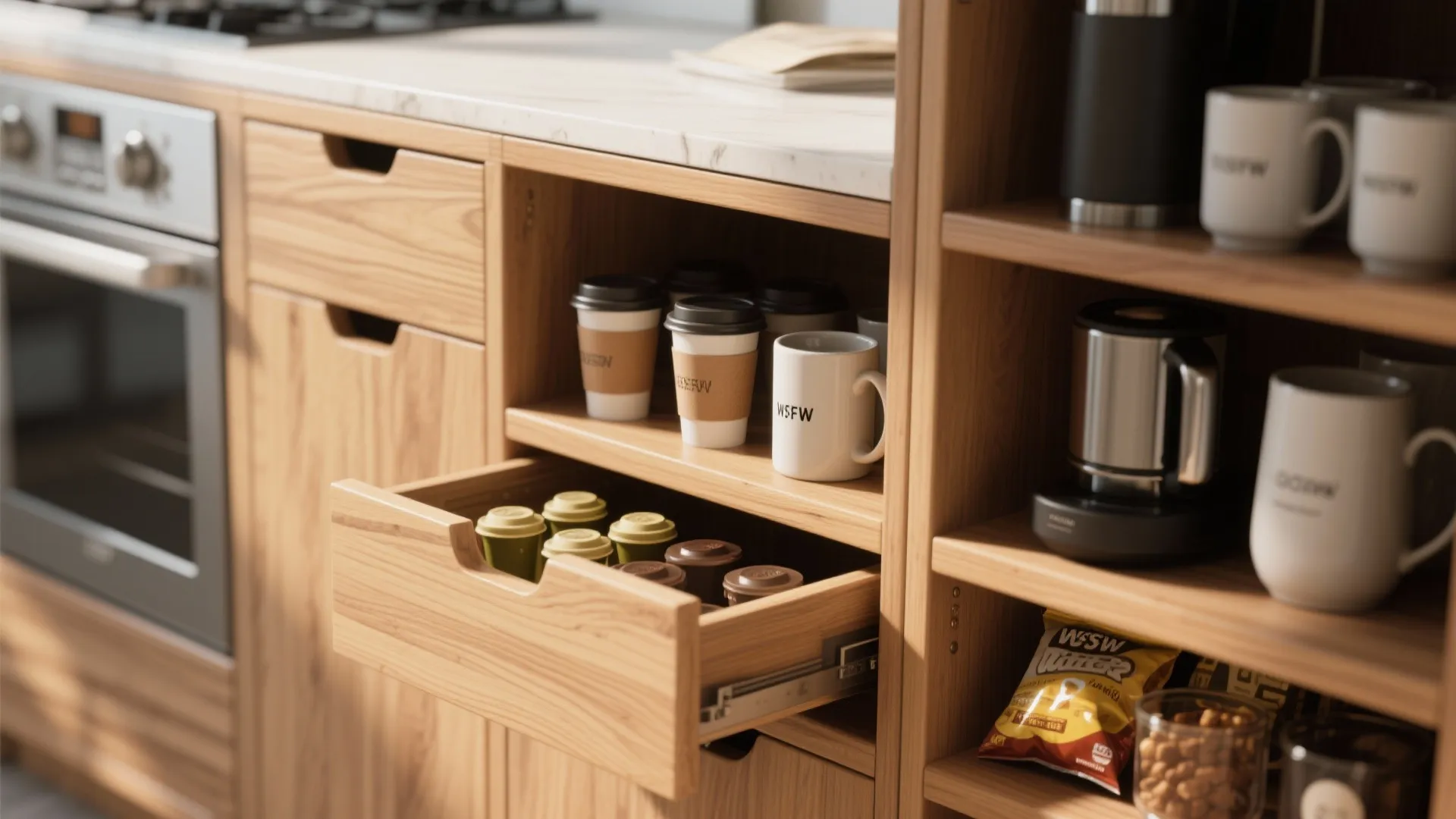 Wooden cabinet with open drawer showing coffee pods next to shelves with mugs and snacks