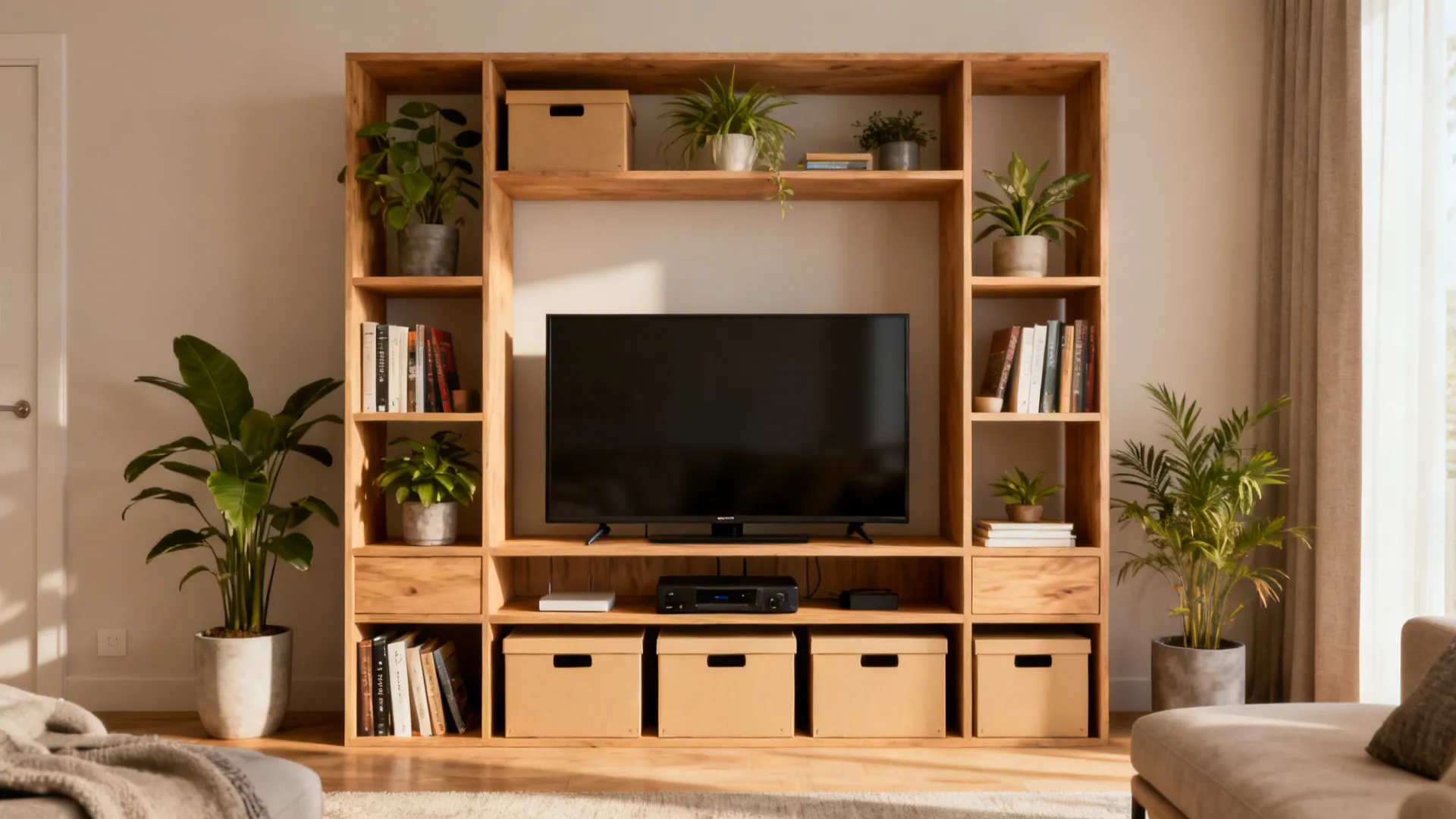 Modular shelving unit around a TV with open displays and closed storage in neutral palette