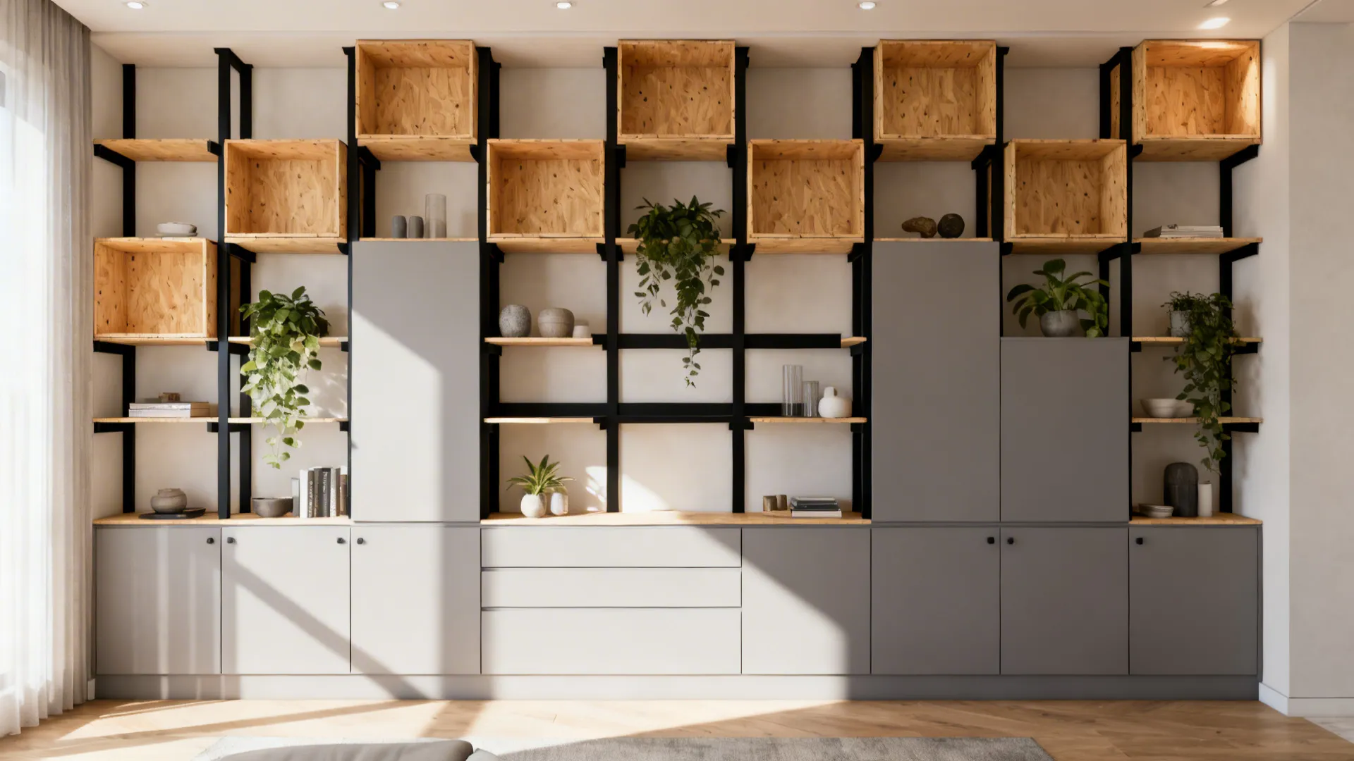 1. Floor-to-ceiling modular shelving