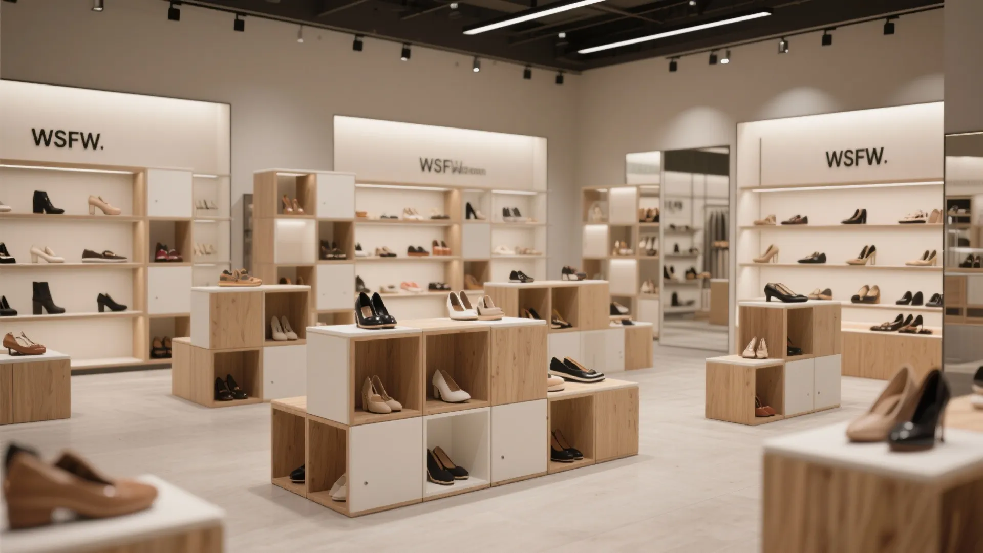 Modular cube furniture displays shoes in a flexible boutique layout