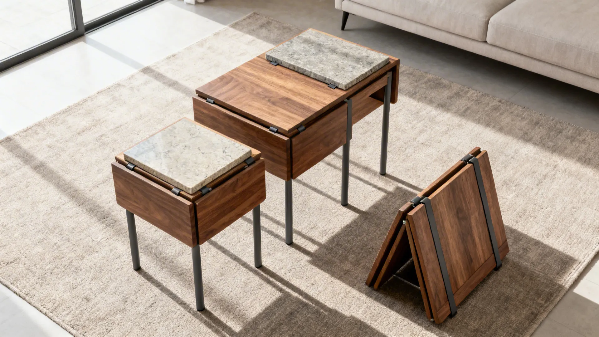 Top-down view of modular nesting and foldable side tables showing scale and materials.