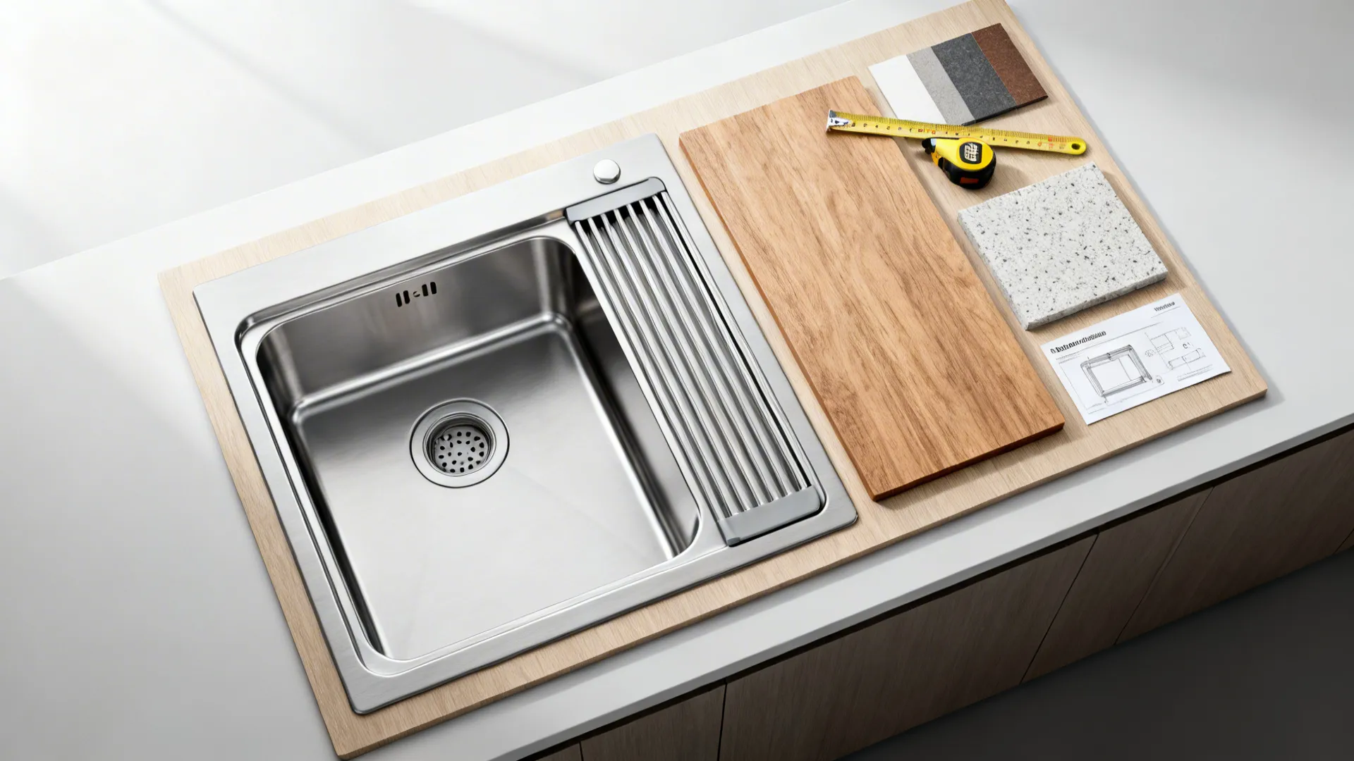 Top-down flatlay of a modular sink unit with integrated drainboard and countertop swatches