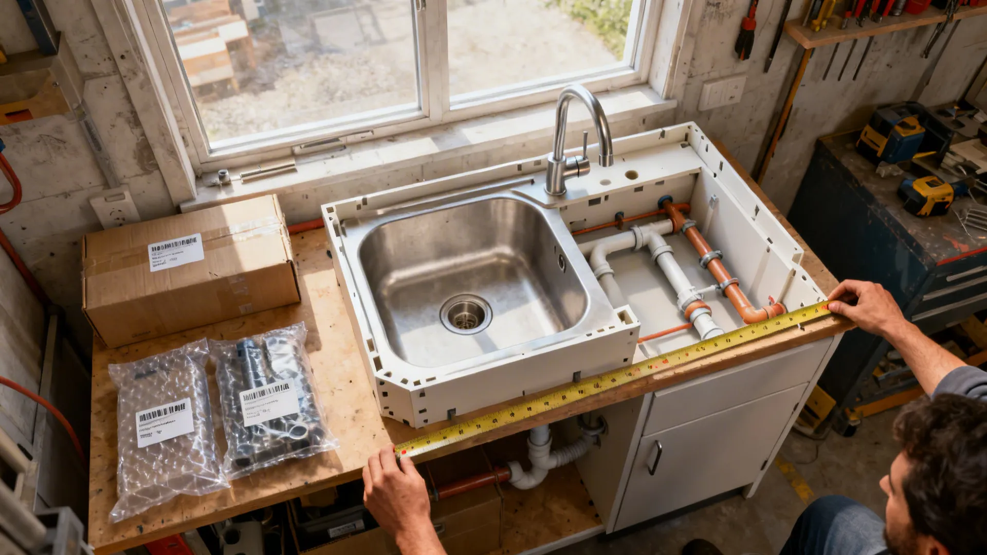 Pre-built modular sink module on a workbench showing integrated plumbing and labeled parts