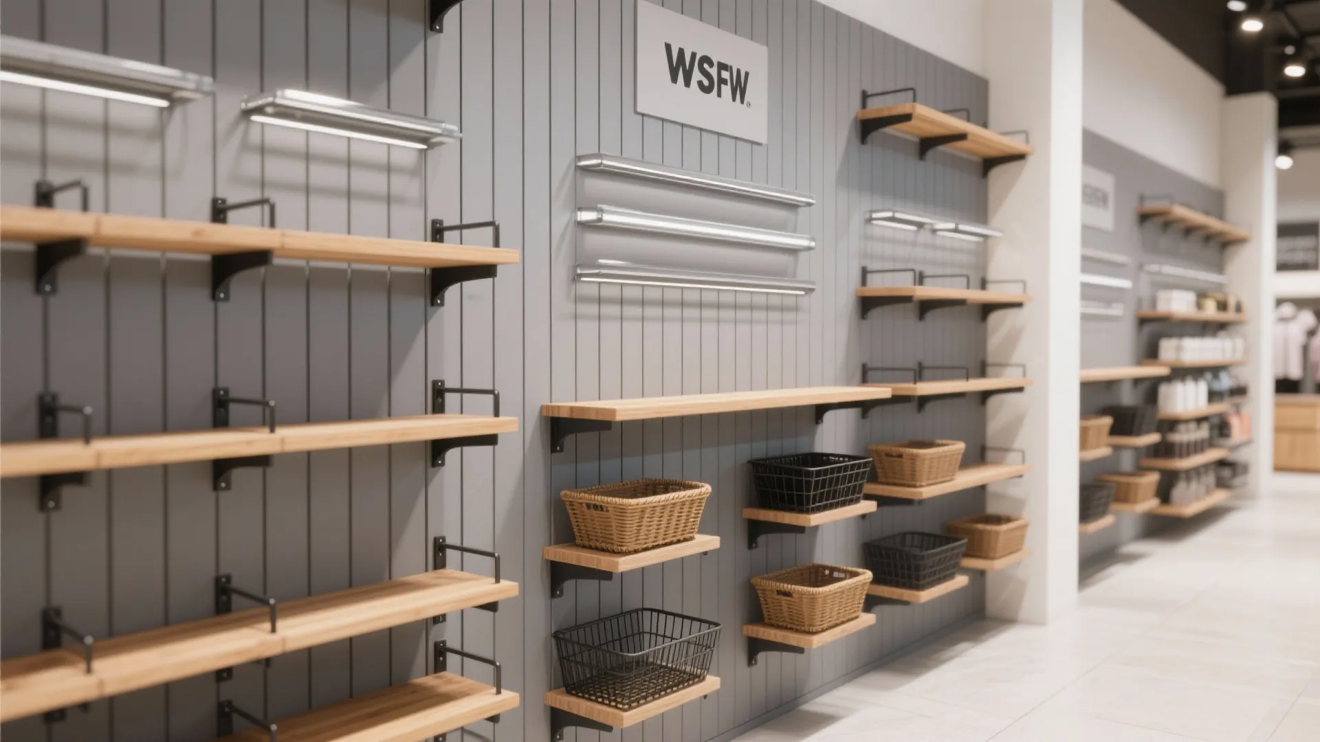 Modern shop interior with grey wall panel and wooden shelves holding various black wicker baskets