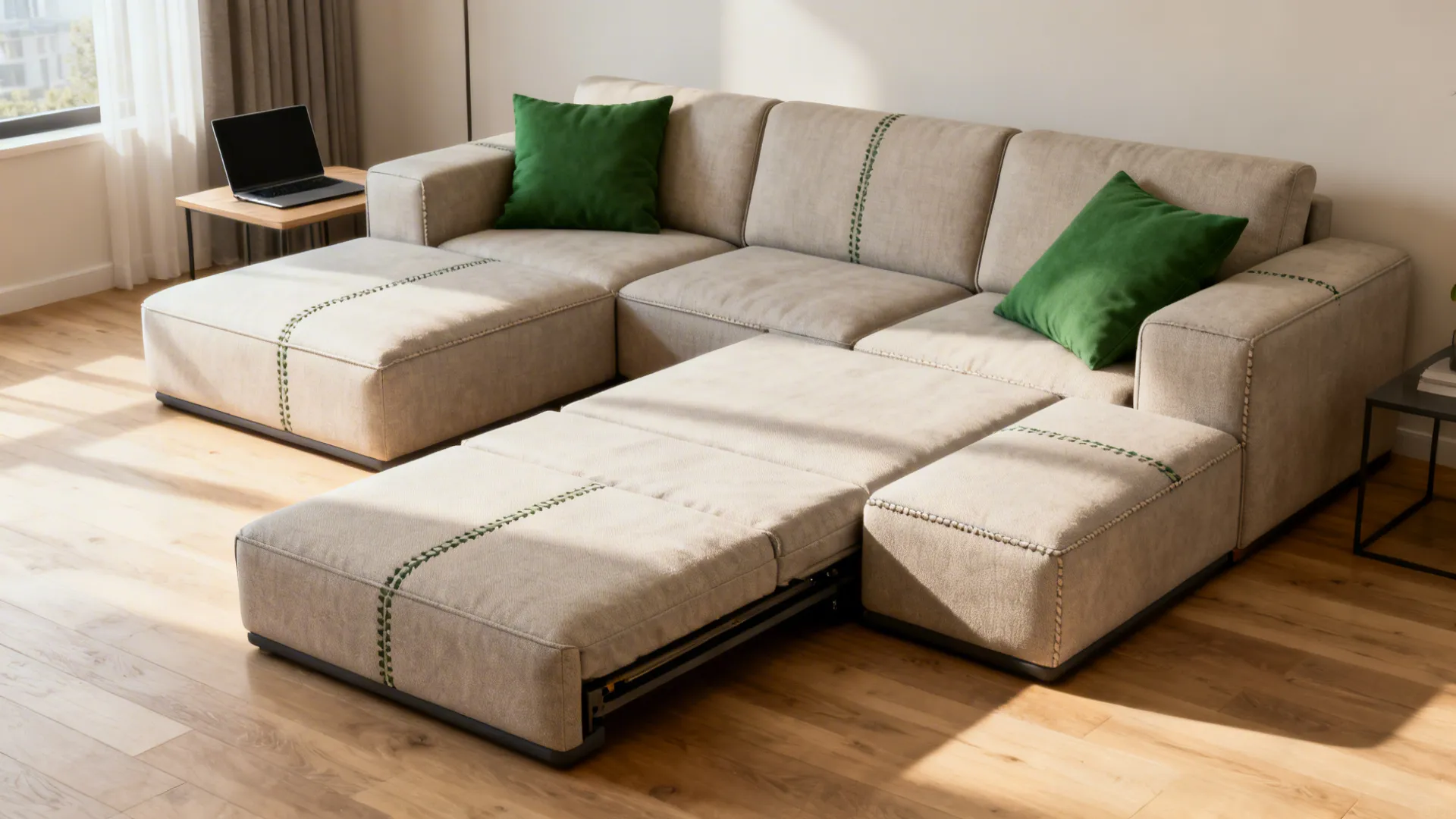 Modular sofa with chaise converted into a sleep module in a modern living room