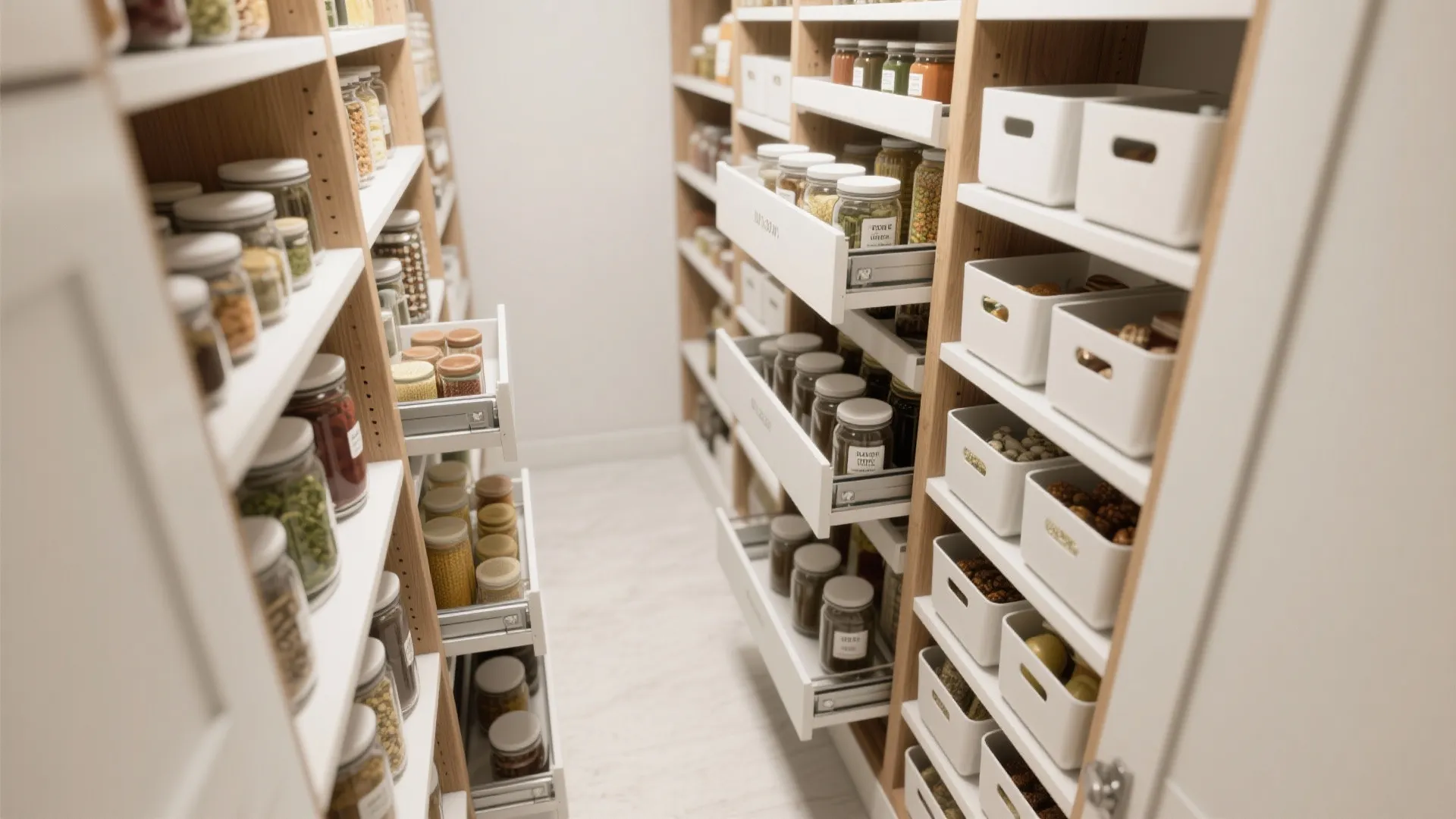 Well organized walk in kitchen pantry with wooden shelves white storage bins and glass food jars