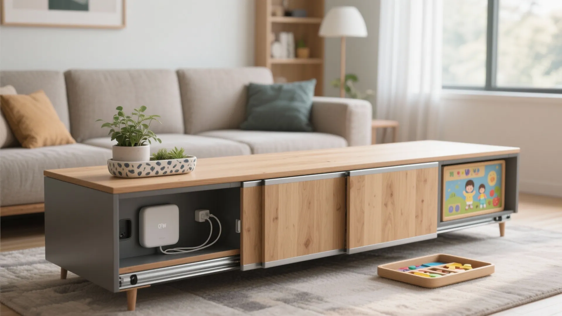 Modular narrow table with sliding panels showing planter, charging tray, and activity tray behind a sofa.