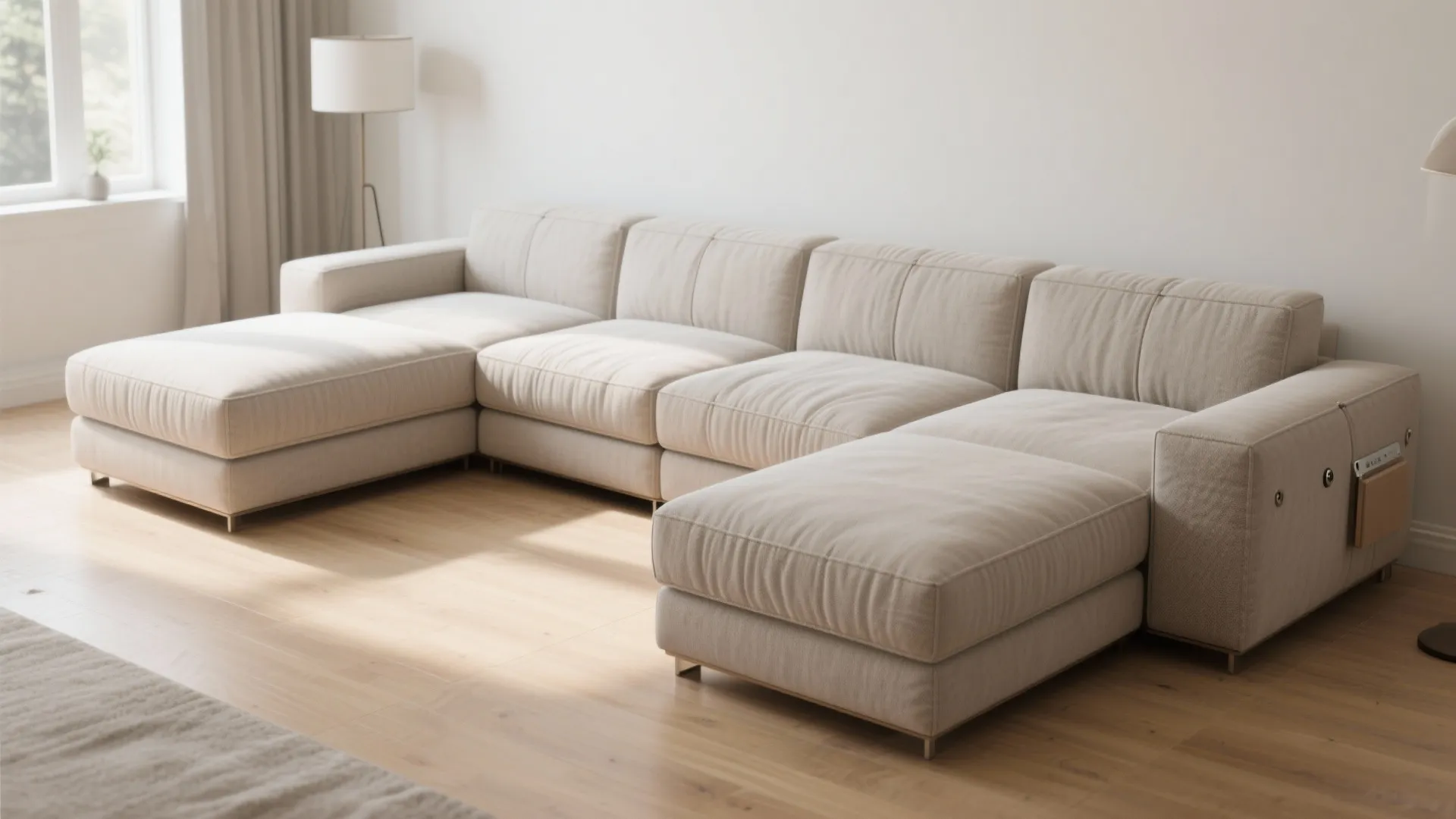 Modern large cream fabric sofa with slim arms placed in a bright living room interior