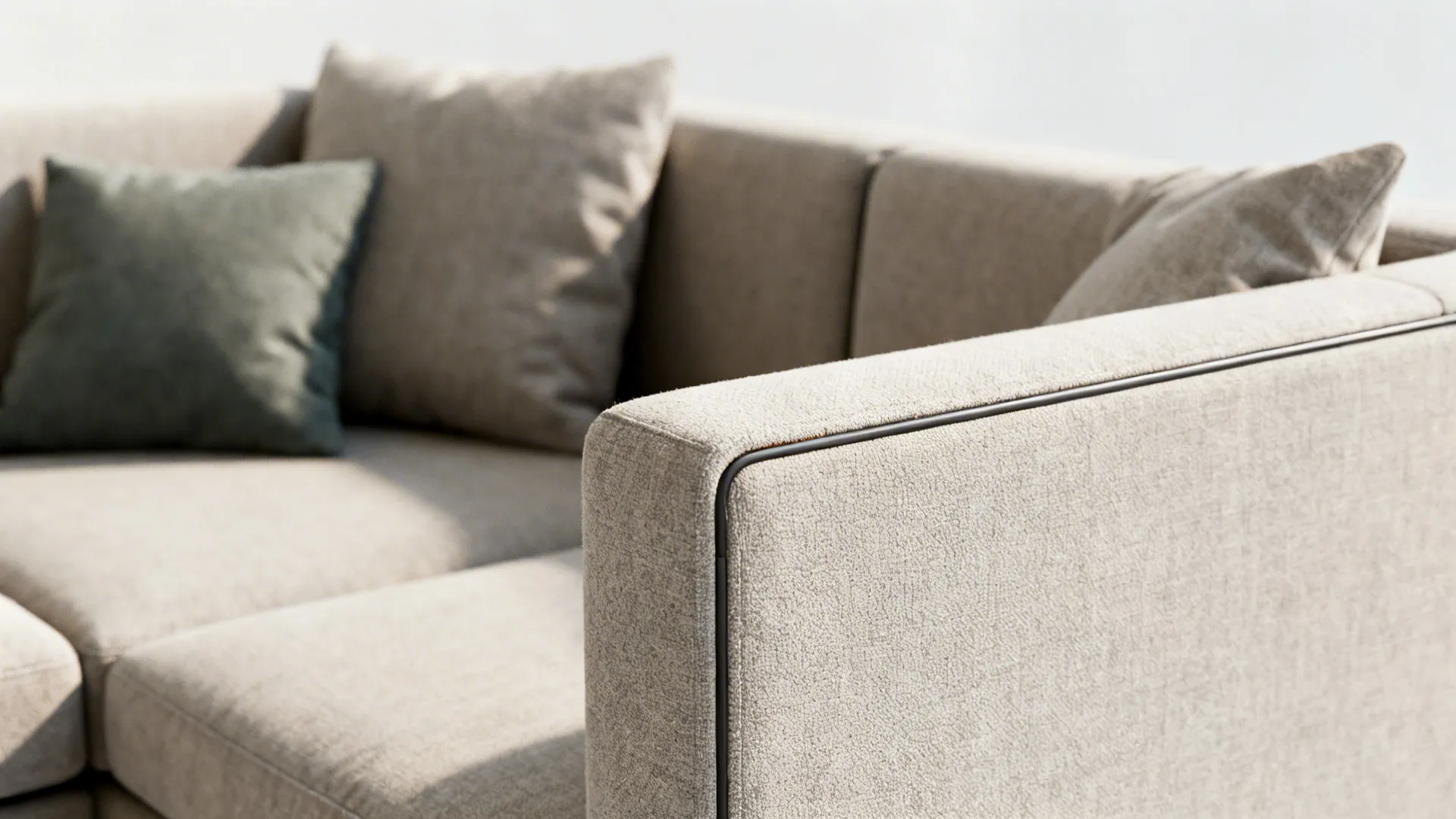 Close-up of a slim modular L-shaped sectional showing narrow arm and fabric texture.