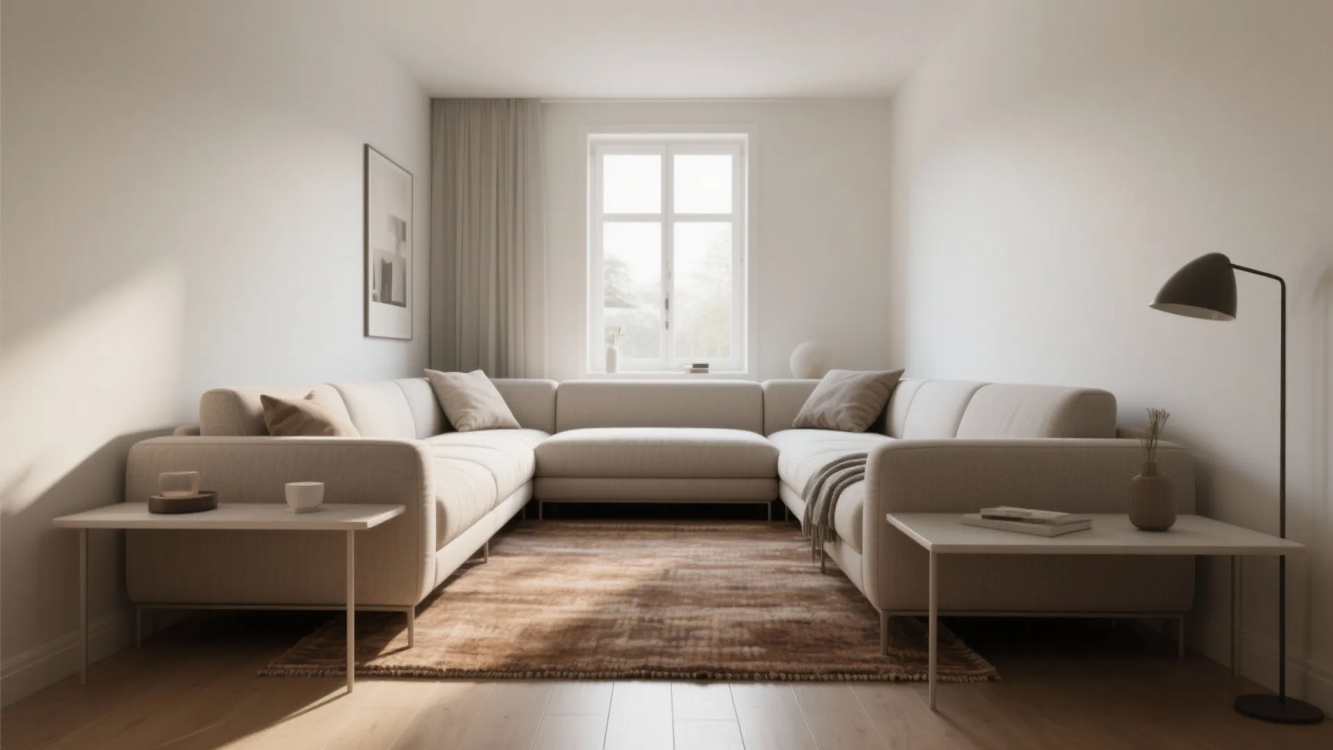 Large U-shaped cream sofa on a brown rug in a minimalist living room with floor lamp