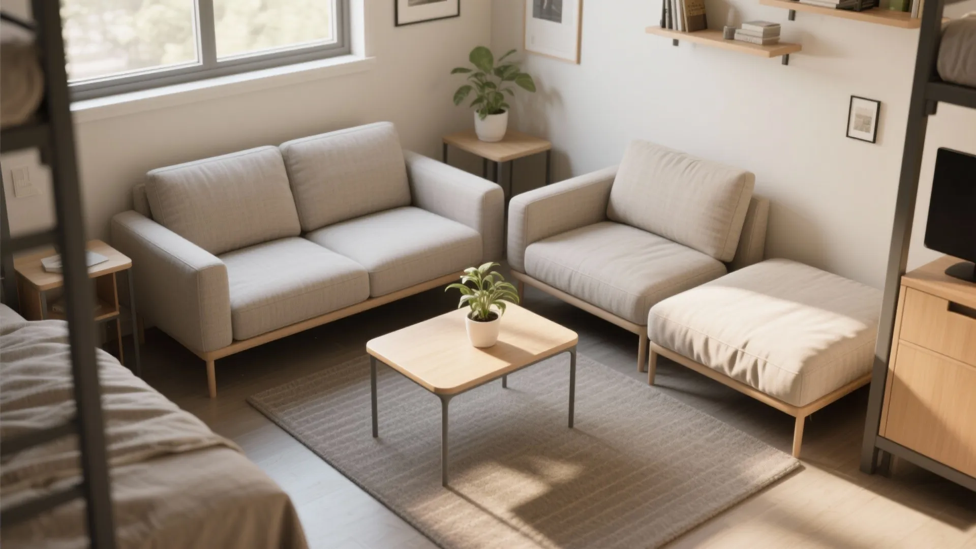 Modern small living room layout with grey sofa wooden coffee table rug and simple wall shelves