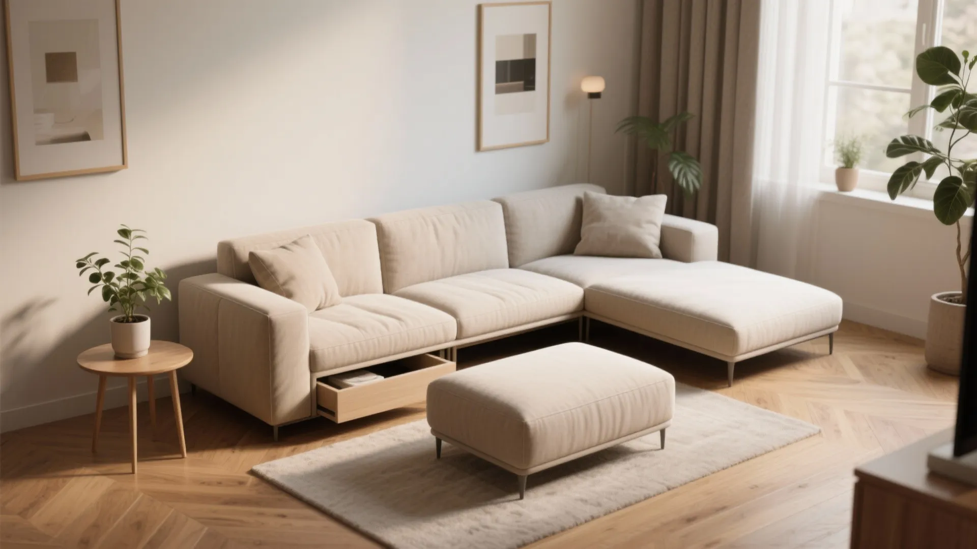 Beige sectional sofa with a footrest and built in storage drawer on light wooden flooring