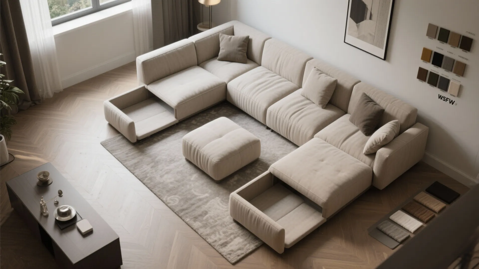 Top view of a modular beige sofa with open storage drawers on a grey area rug