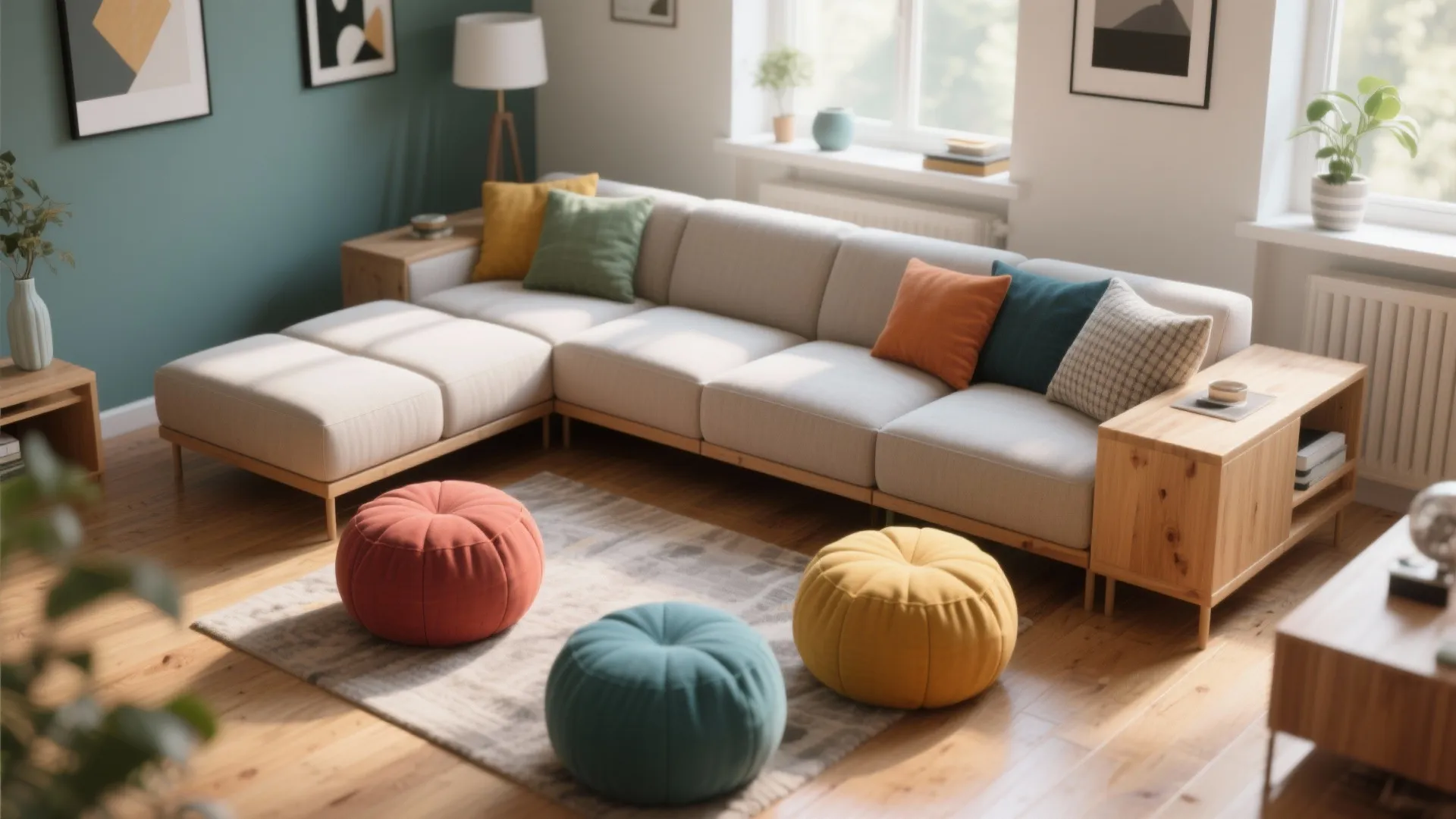 Modern cream modular sofa with colorful pillows and three round footrests on a soft rug