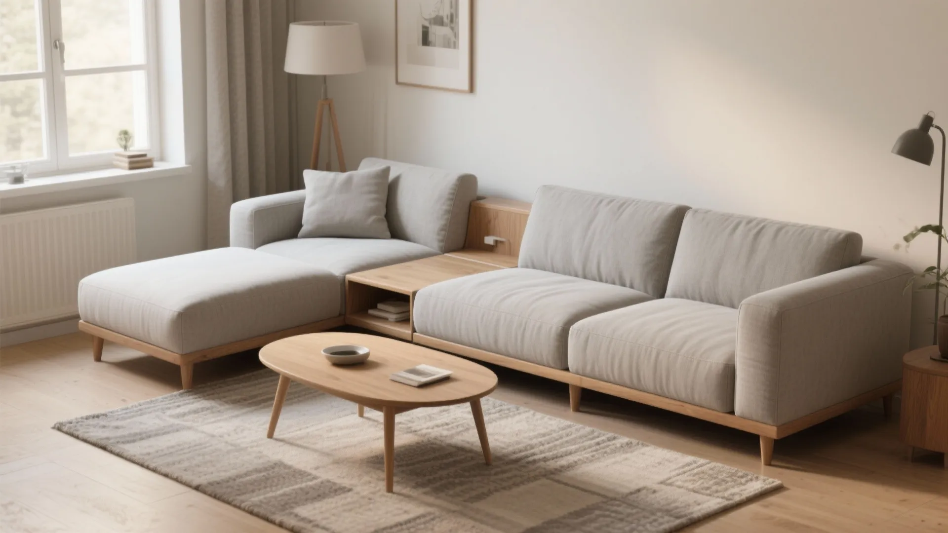 Small living room with a two-piece modular sofa arranged to save space and provide flexibility.