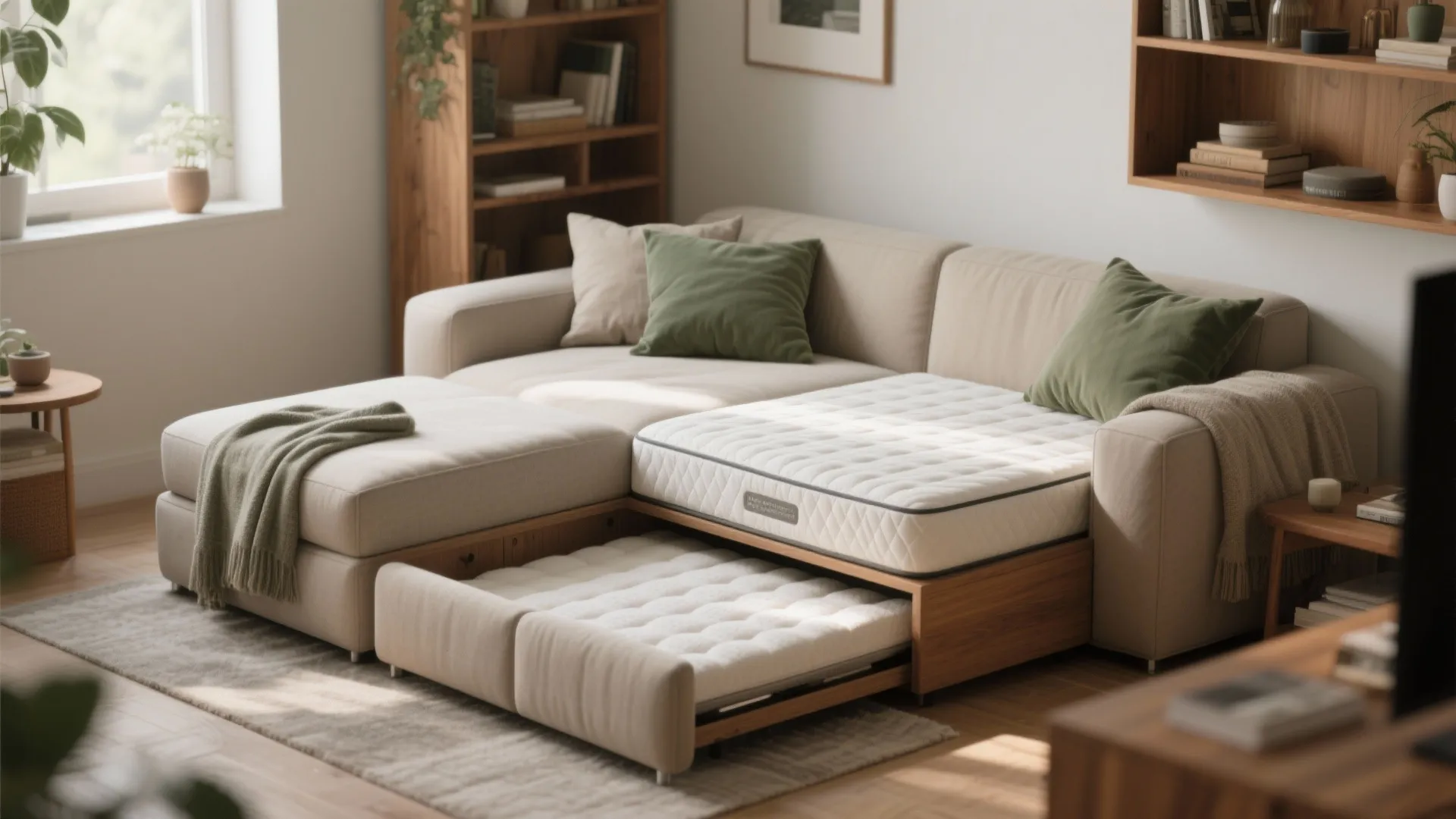 Beige modular sofa with pull out bed mechanism green pillows and wooden shelves in a room