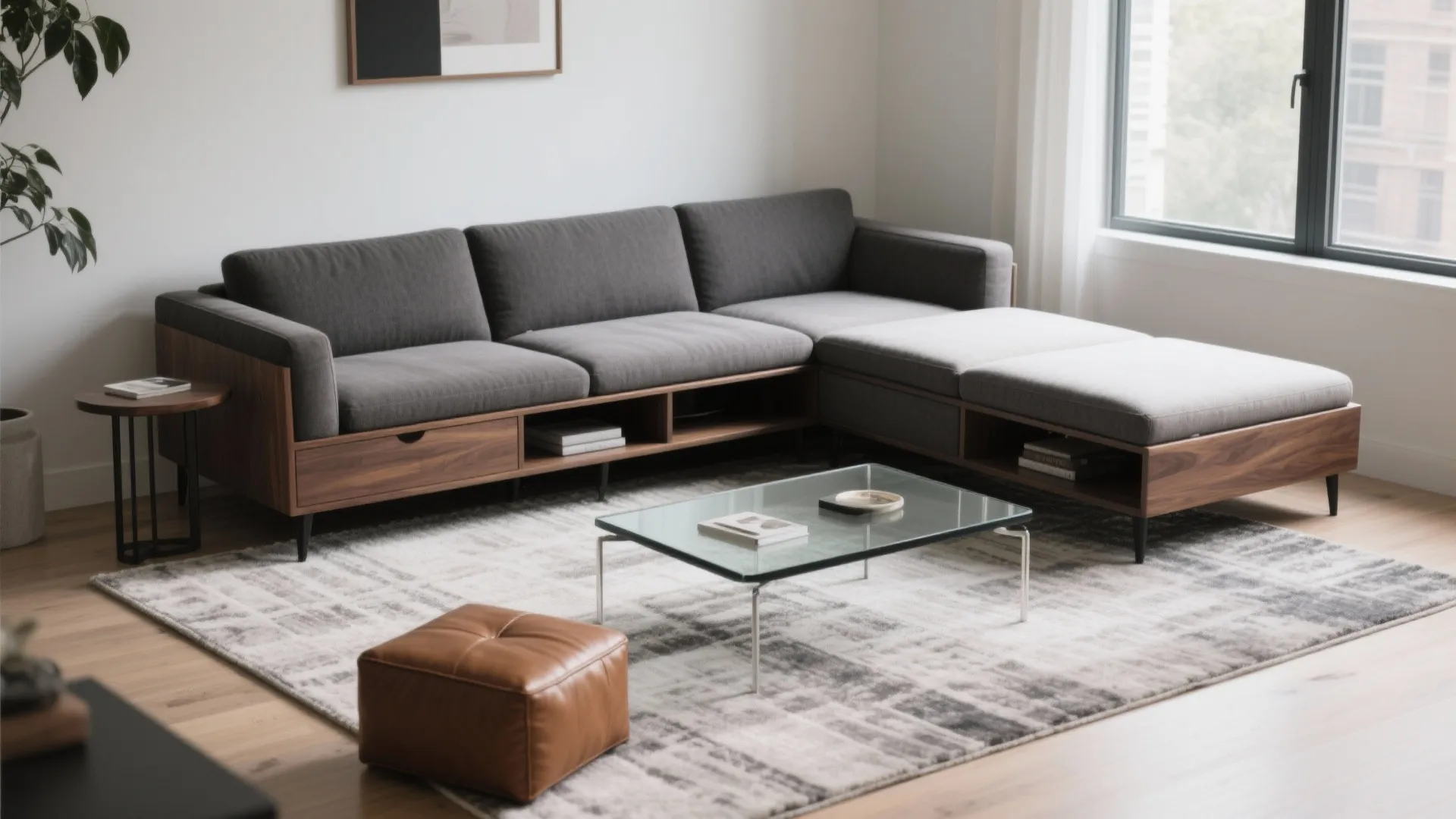 Modern grey modular sofa with wooden storage base glass coffee table leather footrest and patterned rug