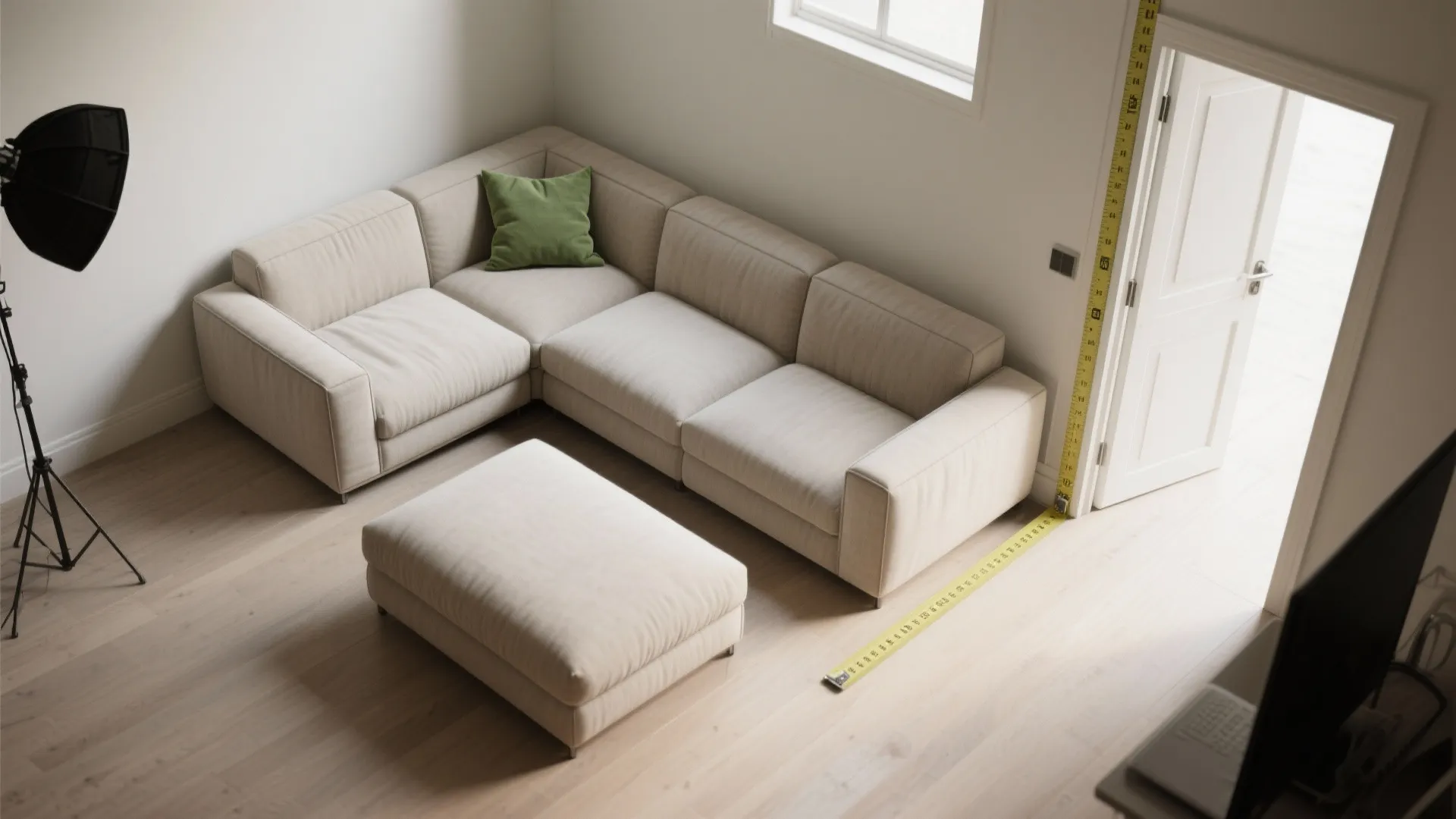 Beige corner sofa and footrest in a room with measuring tape near an open door