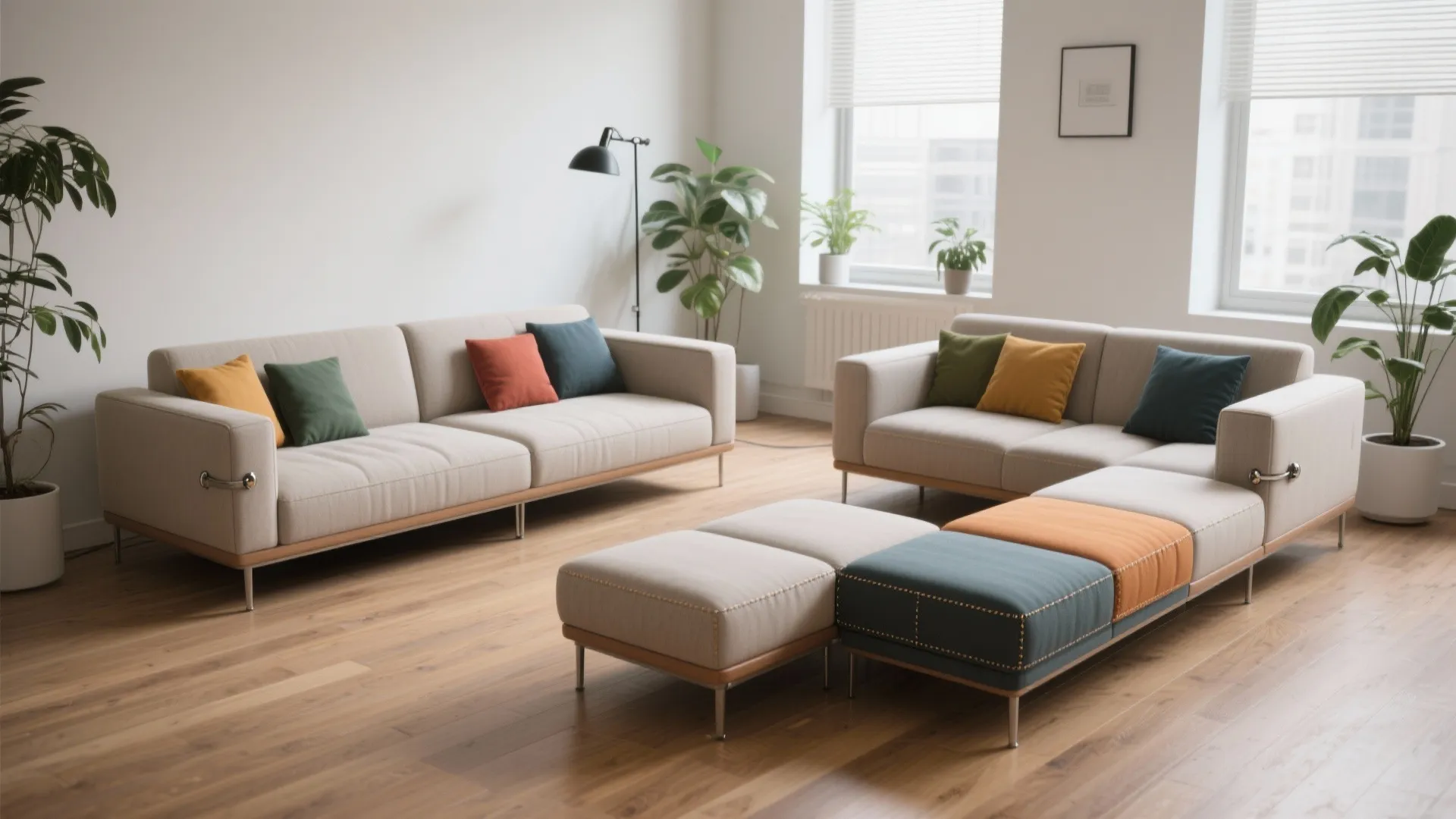 Two-piece modular sofa in a small office shown in multiple flexible configurations with removable cushions.