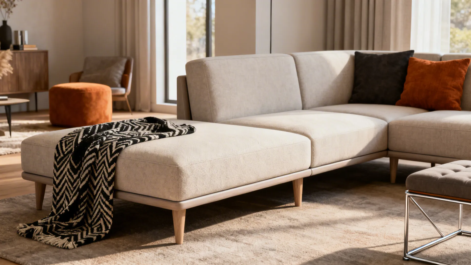 Low-profile modular sofa with mixed textures and a metal-legged ottoman in a compact living room
