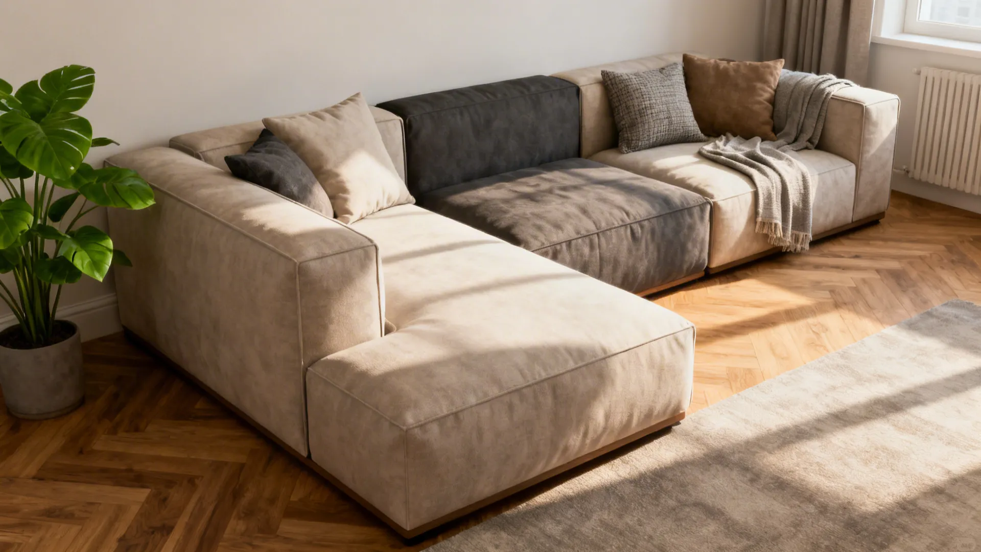 Modular sofa reconfigured in a small living room with removable cushion covers