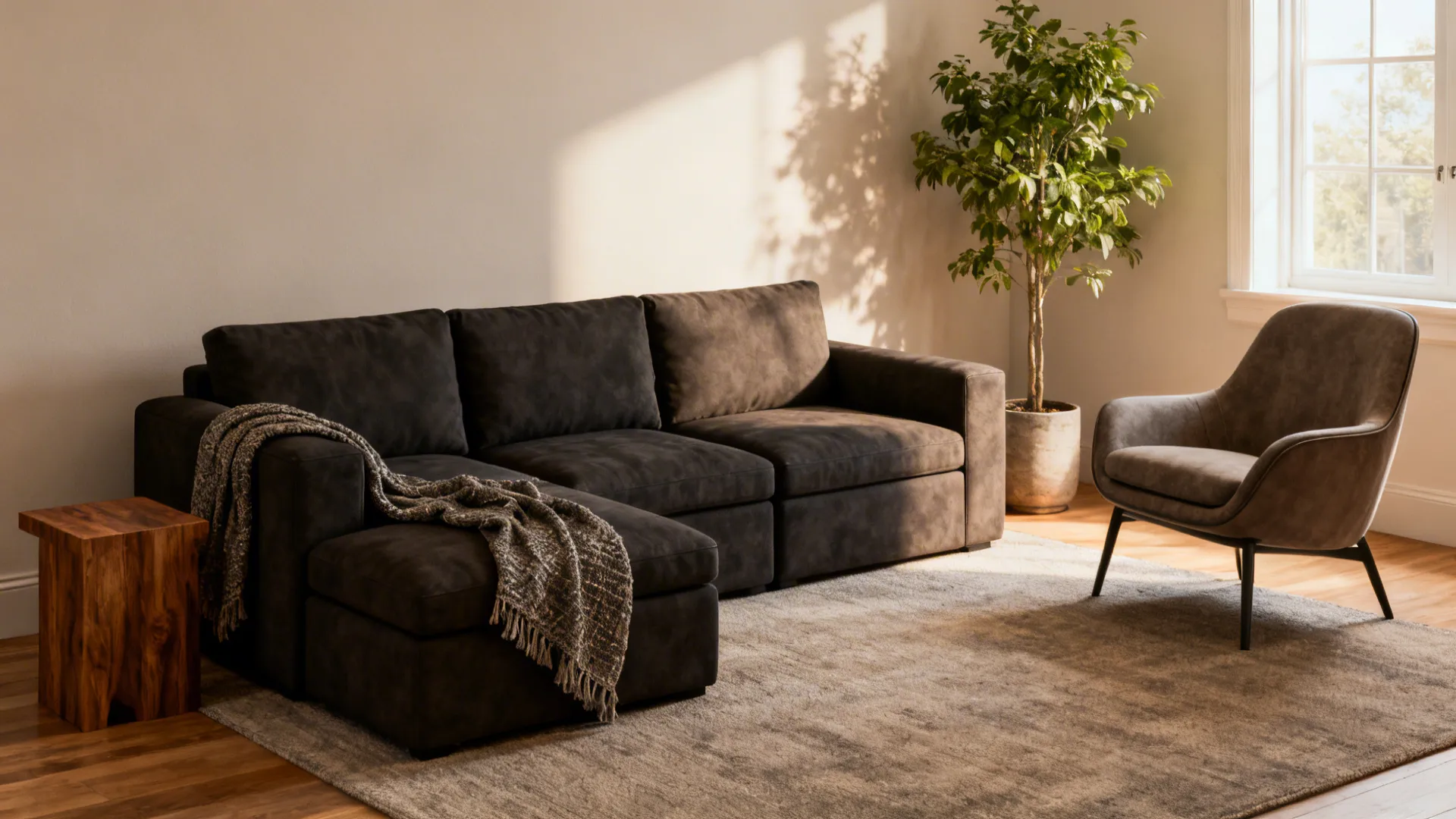 Modular three-seat sofa with an accent chair and textured throw in a cozy living room.