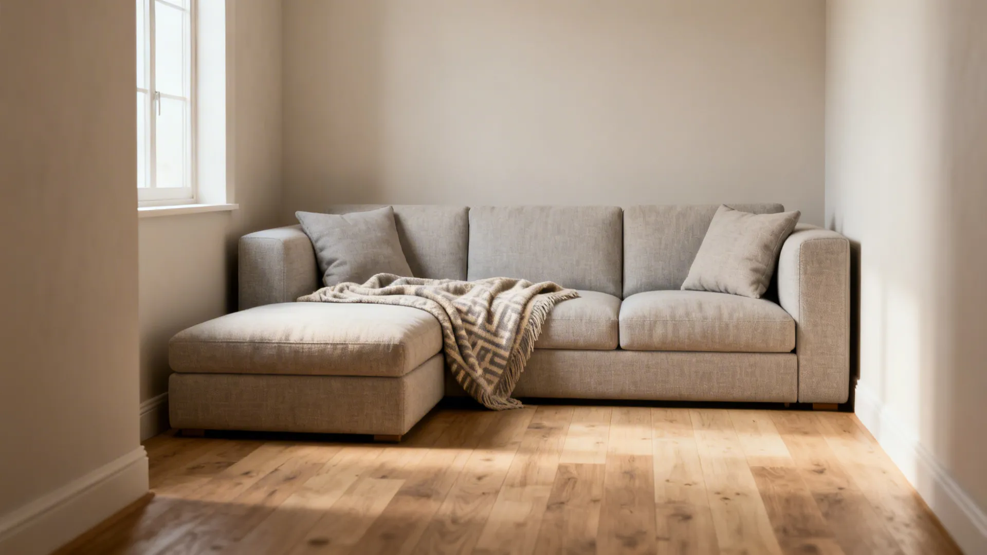 Low-profile modular sofa split into chaise and separate seats with matching throw in a small living room.