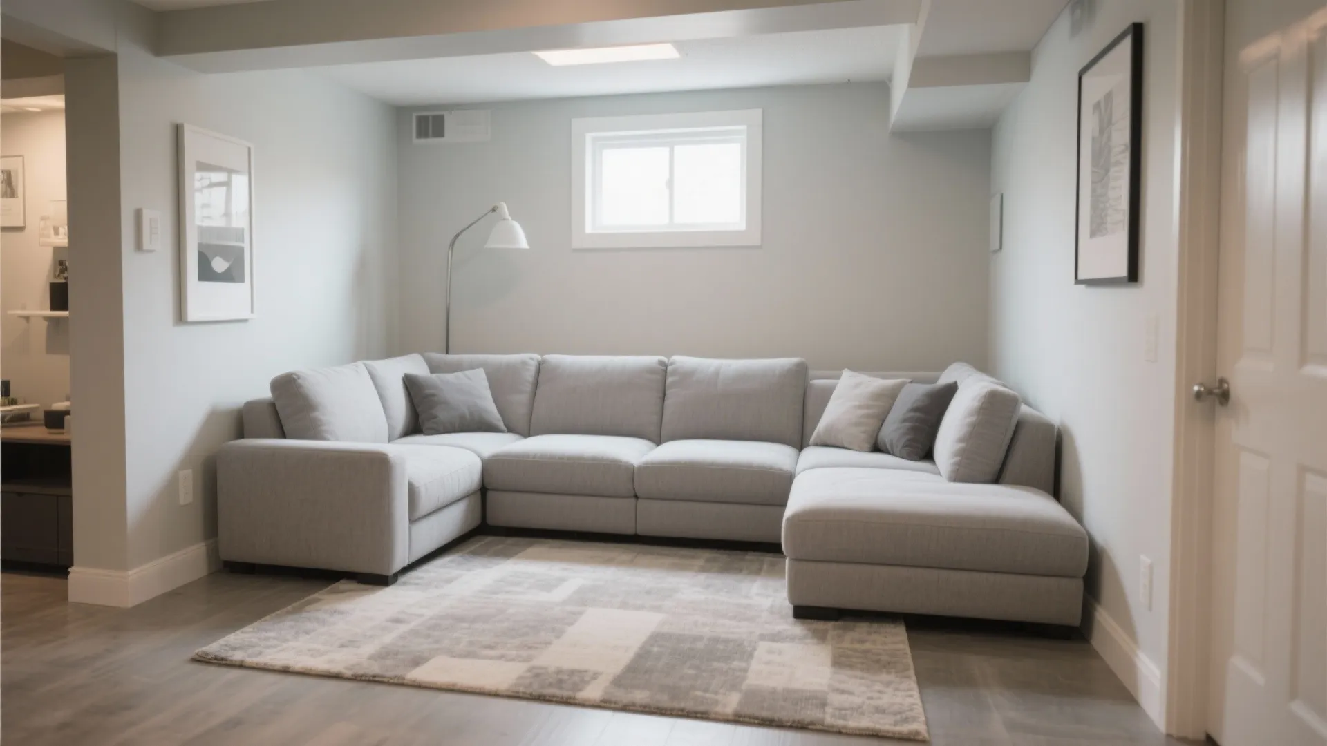 Modern grey modular sofa placed in a basement corner with a small window and rug