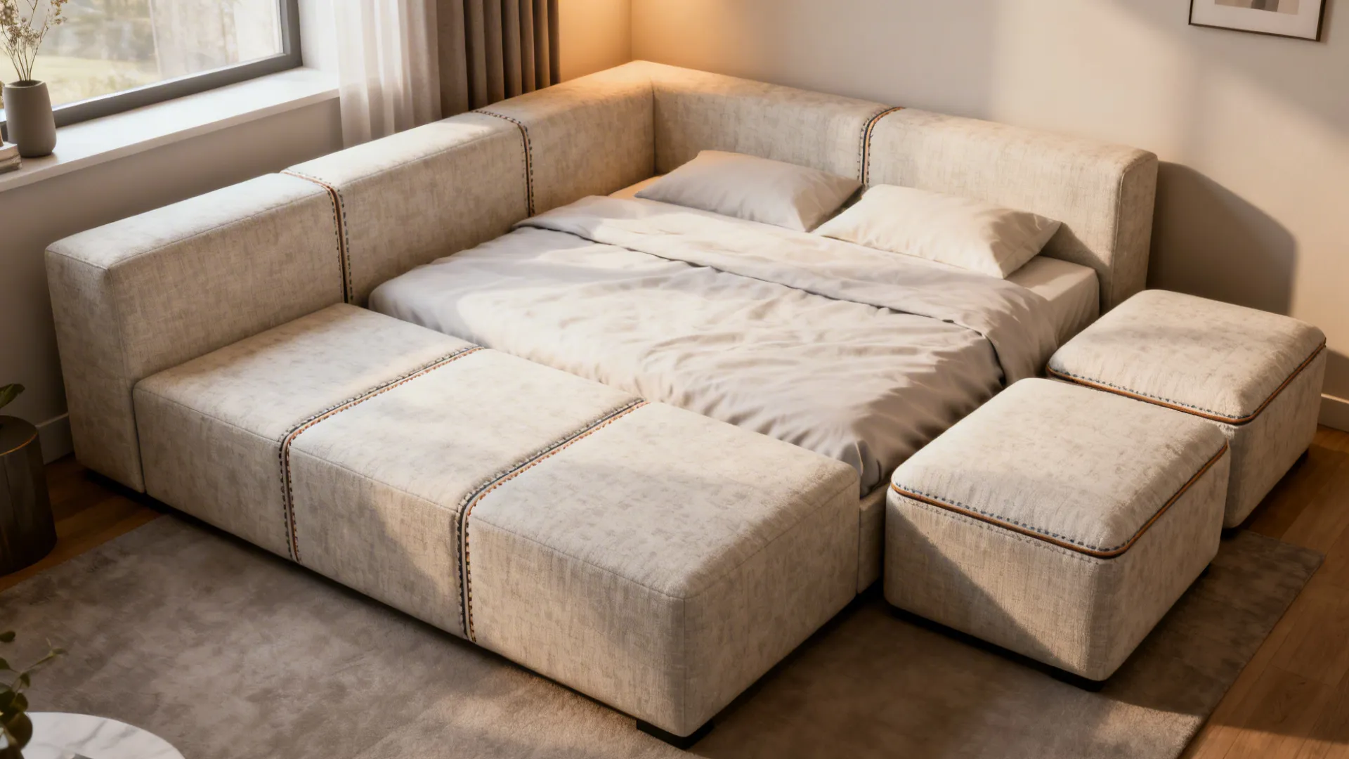 Modular sofa-bed converted into a guest bed with ottomans in a small living area