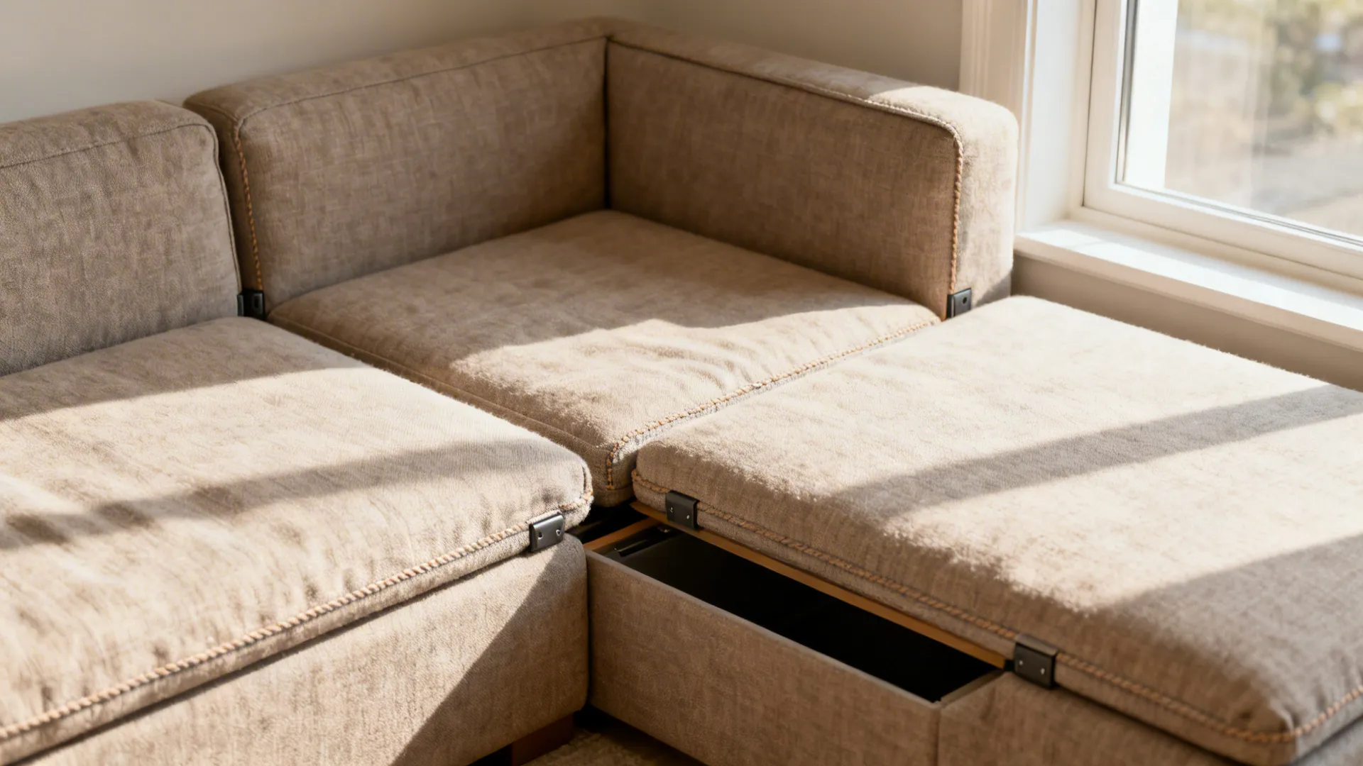 Close-up of a modular sofa converted into a daybed with removable covers and storage.