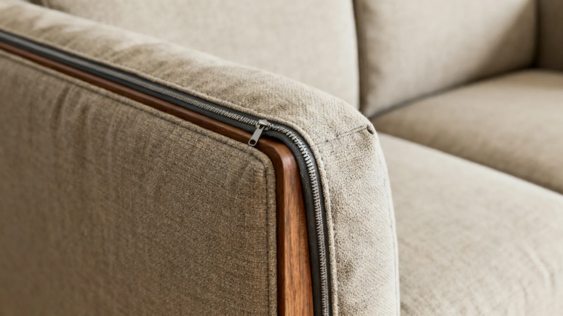 Close-up of a modular sofa corner showing removable fabric cover and visible frame detail.