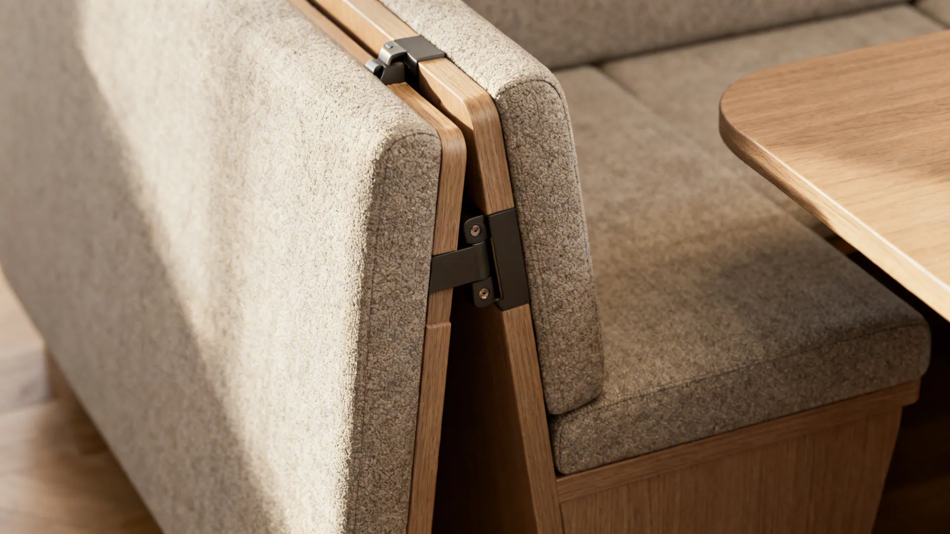 Close-up of a modular sofa section converted into dining bench seating showing hinge and upholstery
