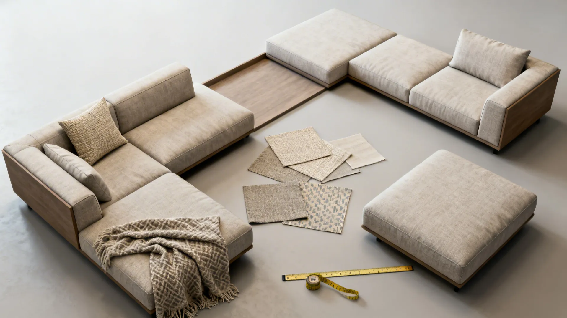 Top-down flatlay of modular L-shaped sofa modules, fabric swatches, and measuring tape.