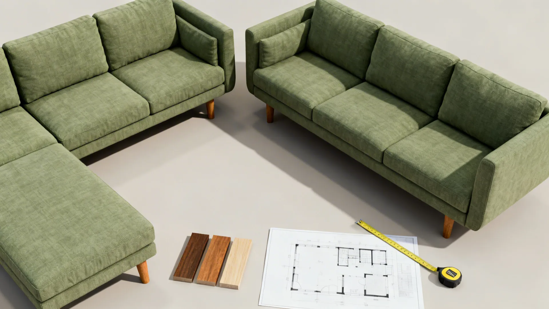 Top-down view of modular sofa pieces, fabric swatches, and a layout plan showing reconfigurable U-shaped seating.
