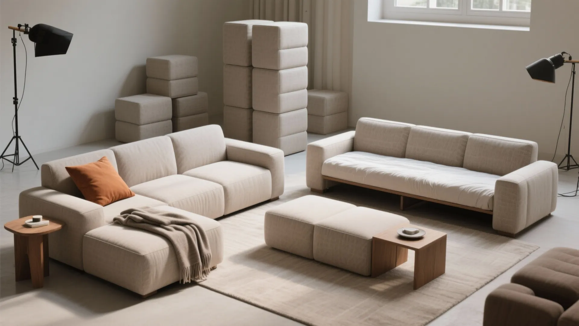 Modern beige modular sofa set with footrest side table floor lamp and wooden coffee table furniture